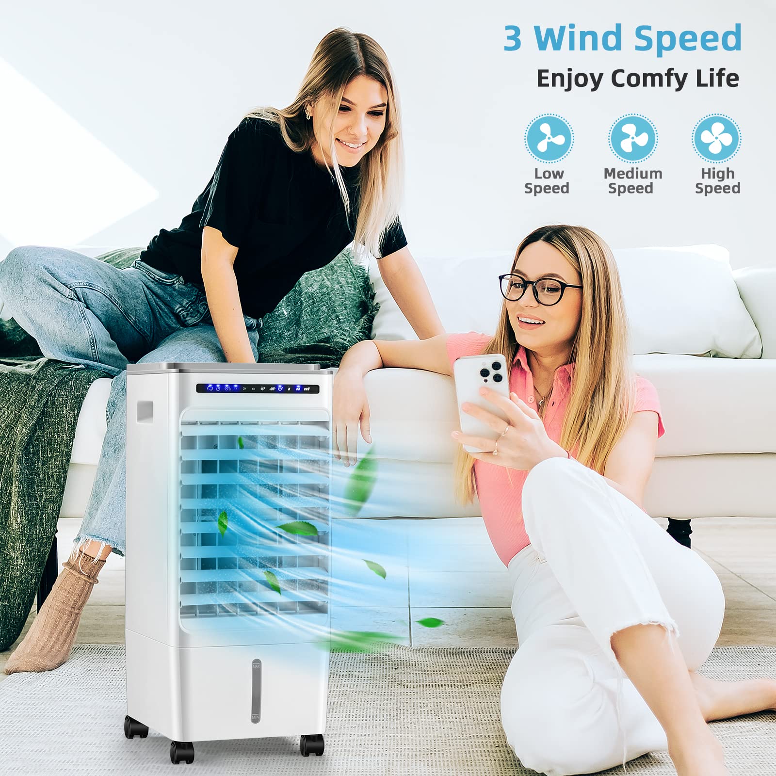 Goflame Evaporative Air Cooler Portable, 3 In 1 Air Cooling Fan With Remote Control And 4 Ice Packs, Air Humidifier With 3 Modes