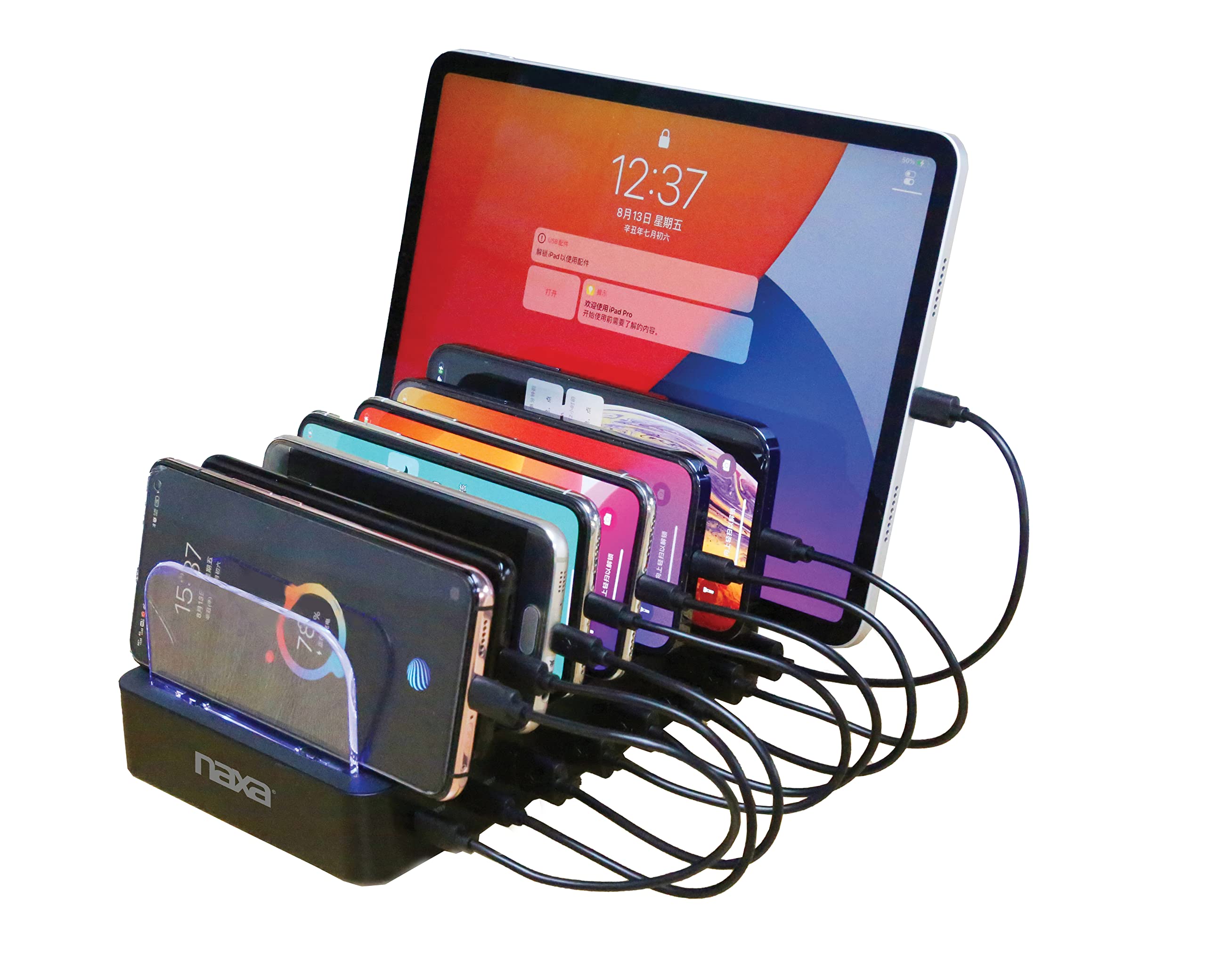 Naxa Electronics NAP-5004 8-in-1 Dock Charging Station with Qi 15W Wireless, USB-A and USB-C for Phones and Electronics, Black