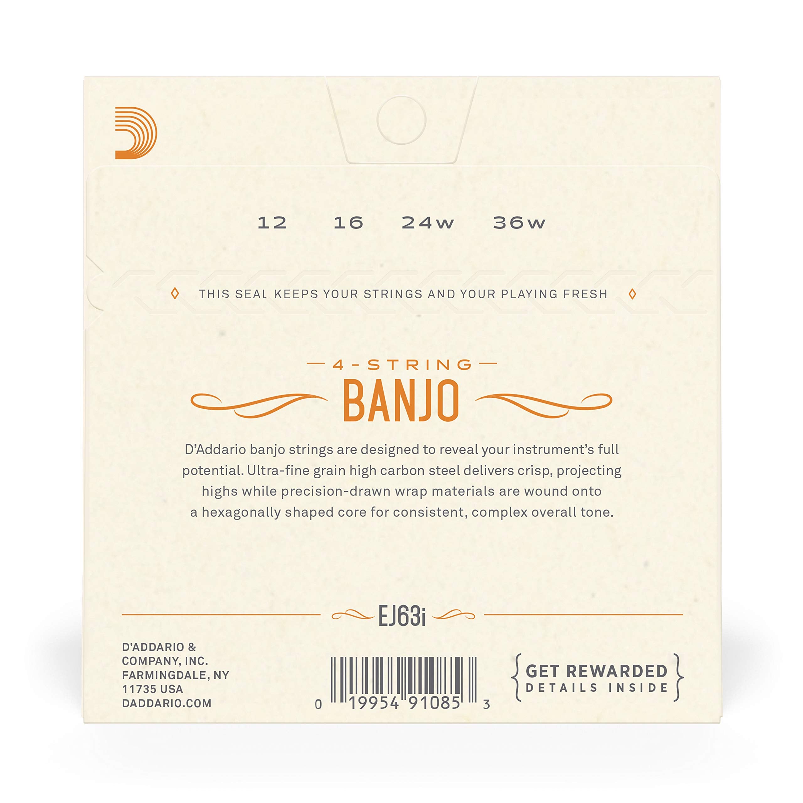 D'Addario Irish Tenor Banjo Strings, Nickel Plated Steel, Ej63I, Medium Gauge 12 36, 5 String Set, Pack Of 1