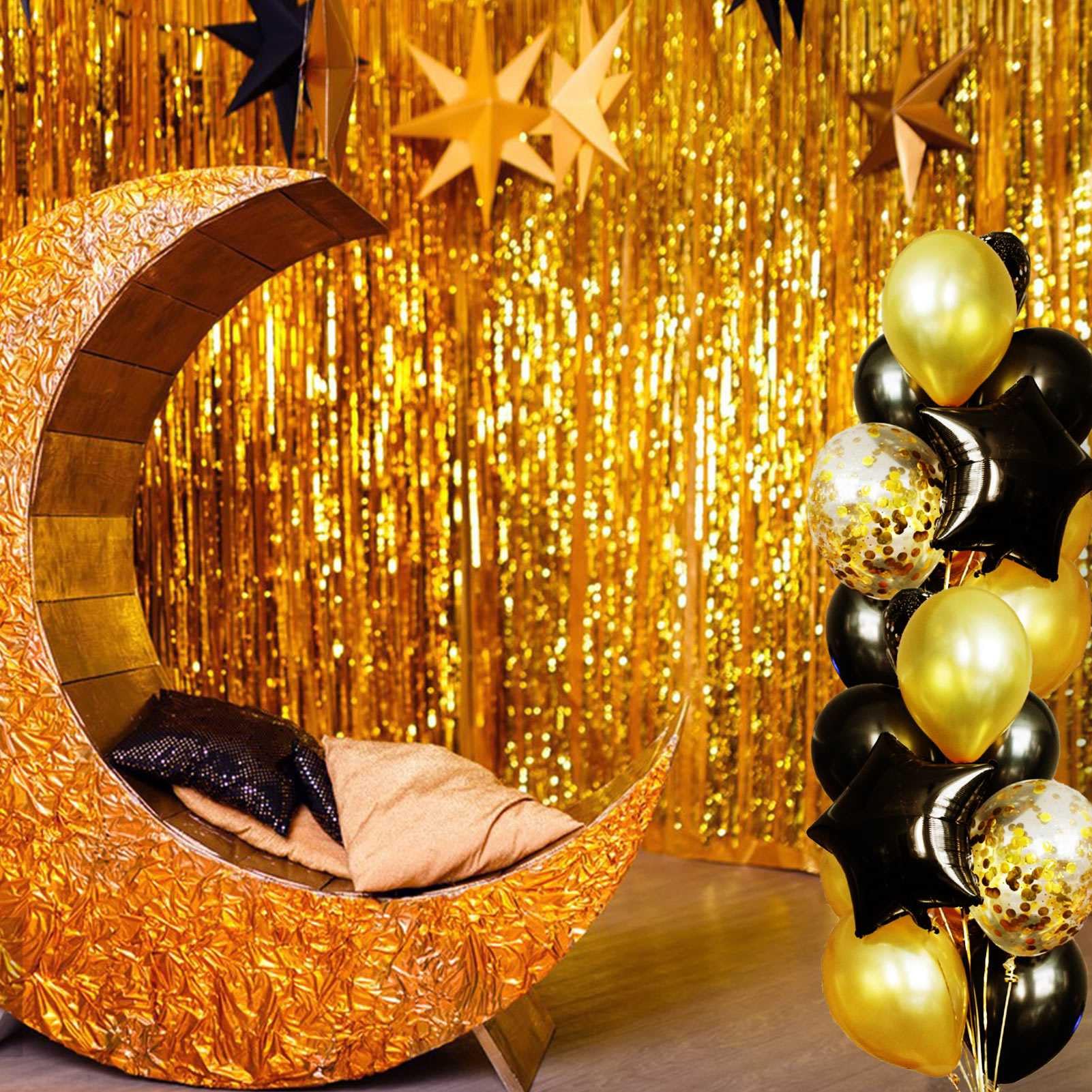 Eufars Gold Party Decorations   4 Pack Of 3.2X8.2Ft Gold Foil Fringe Curtain, Gold Backdrop Gold Streamers Tinsel Curtain Backdr