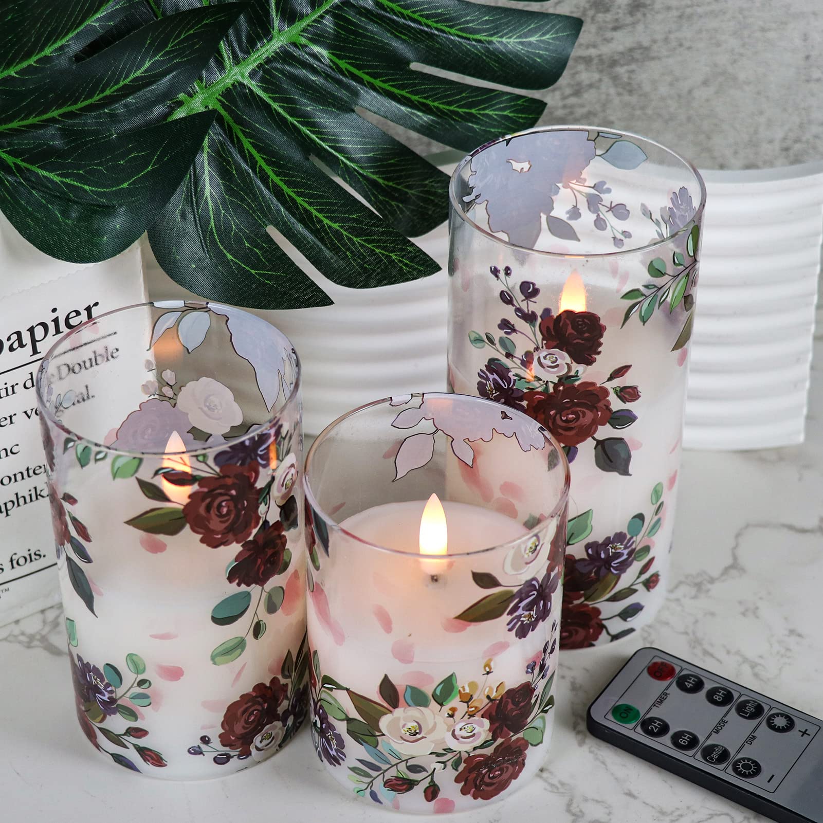 Dromance Battery Operated Glass Flameless Candles With Remote And Timer Real Wax 3D Wick Flickering Rose Led Pillar Candles Wedd