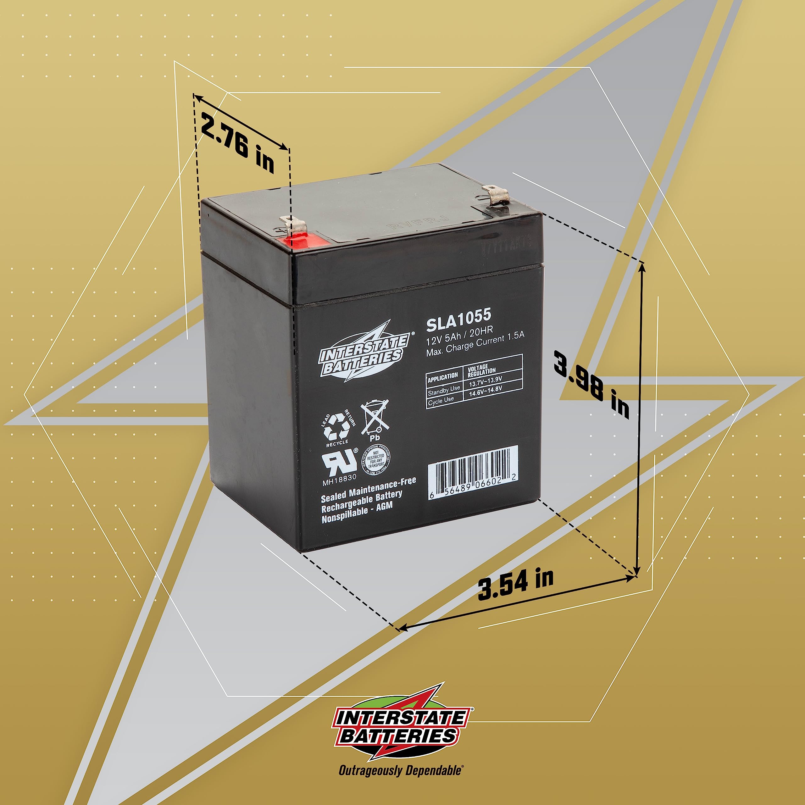 Interstate Batteries SLA AGM 12V 5Ah Battery for Alarms & Openers, Model SLA1055, 3.54" x 2.76" x 3.98"