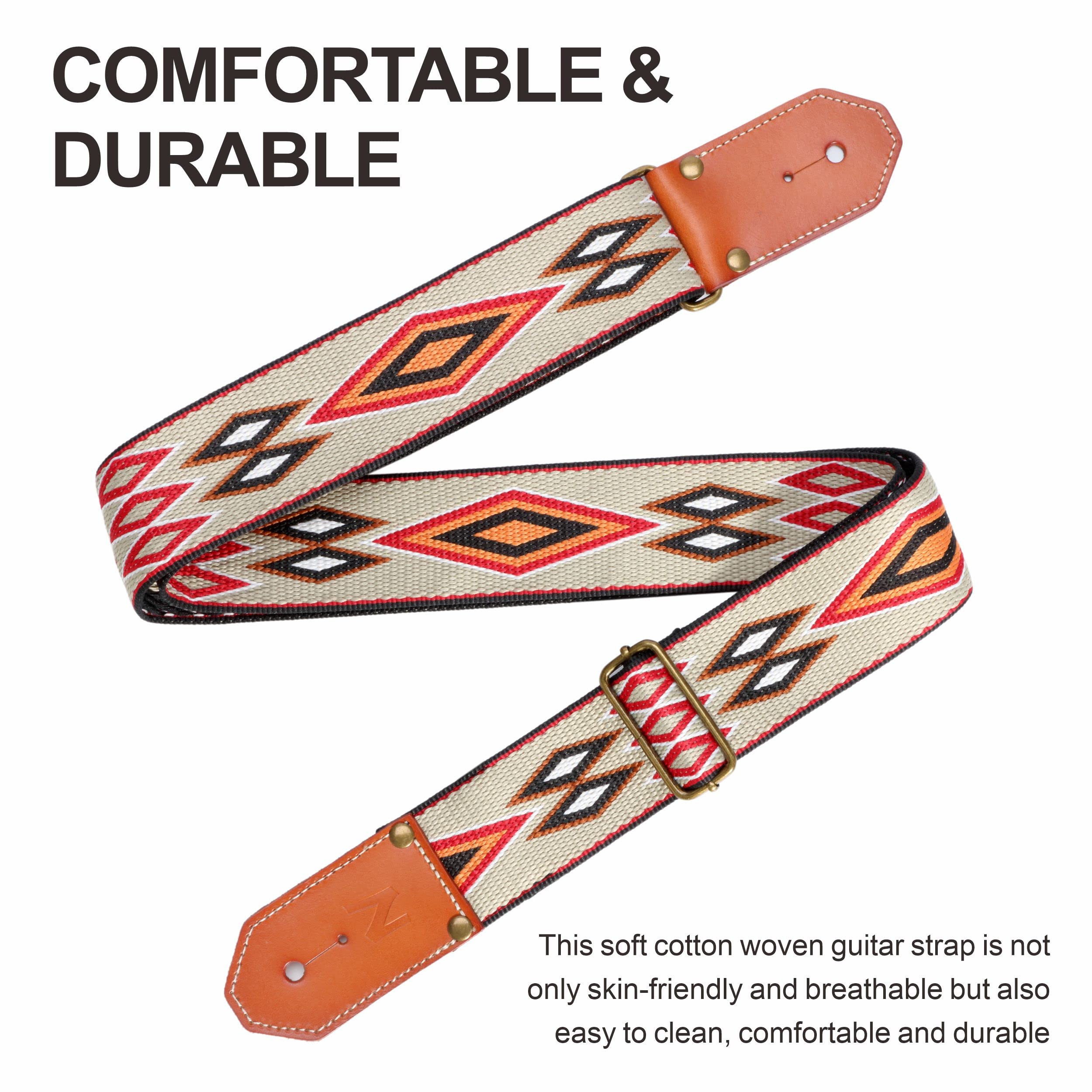 Nefelibata Cool Woven Guitar Strap   Cotton Guitar Straps With Thicked First Layer Vegetable Tanned Cowhide Leather Ends For Aco