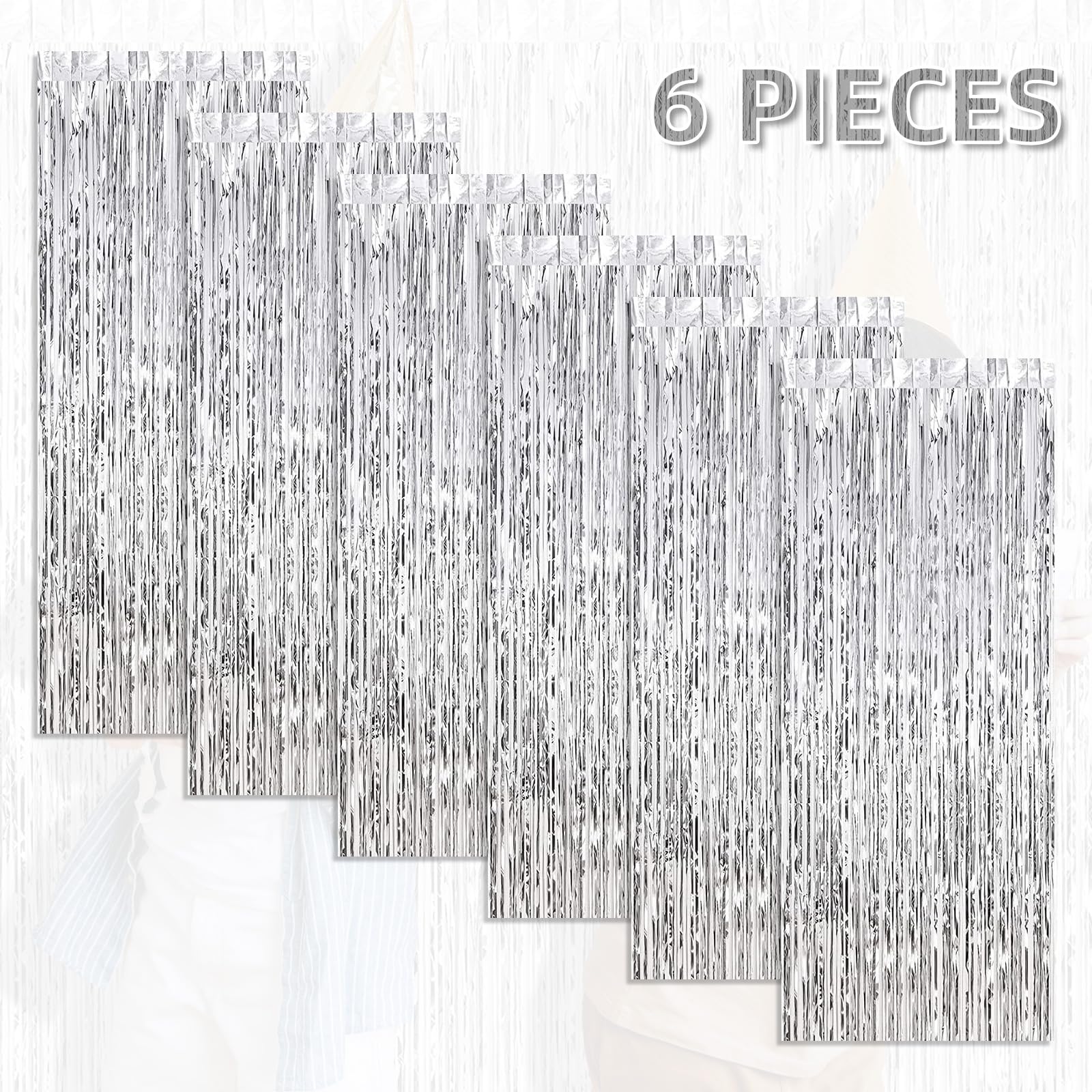 6 Pack Foil Fringe Backdrop Curtains, 3.28 X 8.2 Ft Silver Tinsel Streamers Metallic Tinsel Foil Fringe Curtains Photo Booth Bac