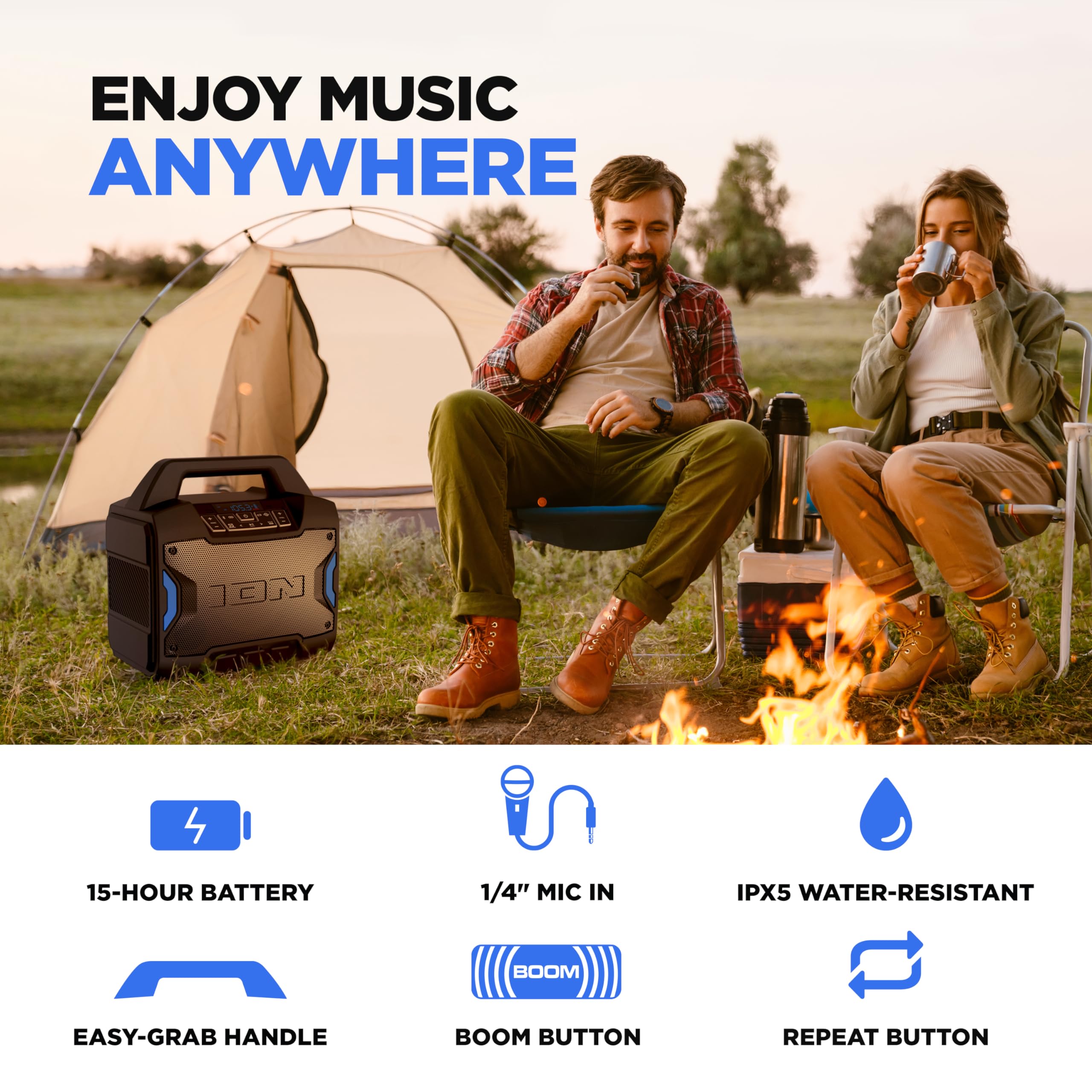 Ion Tailgater Boom - Outdoor Portable Bluetooth Speaker With Mic In, Fm Radio, Usb Port, Battery, Ipx5 Water-Resistant, Wireless