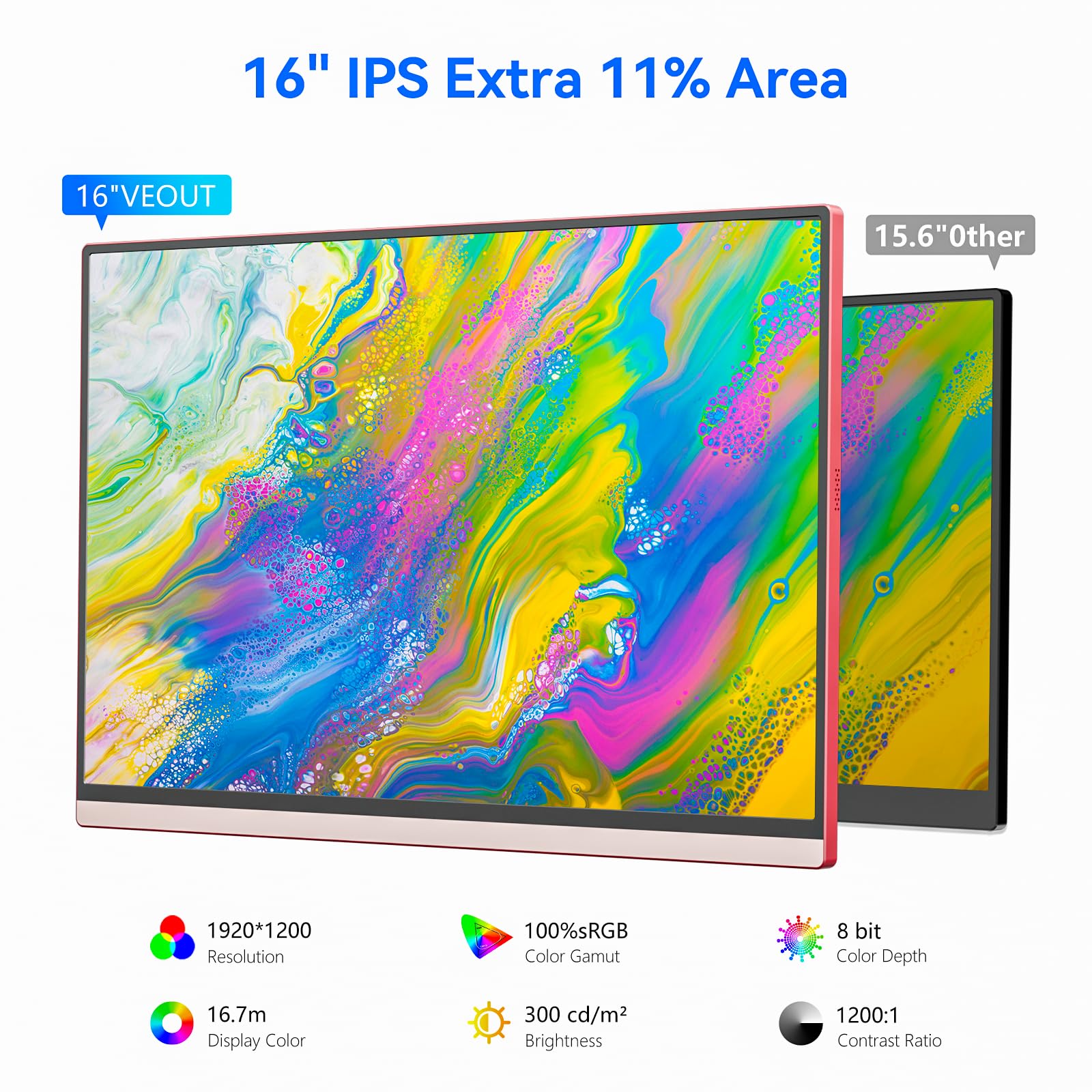 Veout 16Inch Pink Portable Monitor For Laptop, 1920X1200P Ips 16:10 Computer External Screen, 100% Srgb Stand Support Freesync,