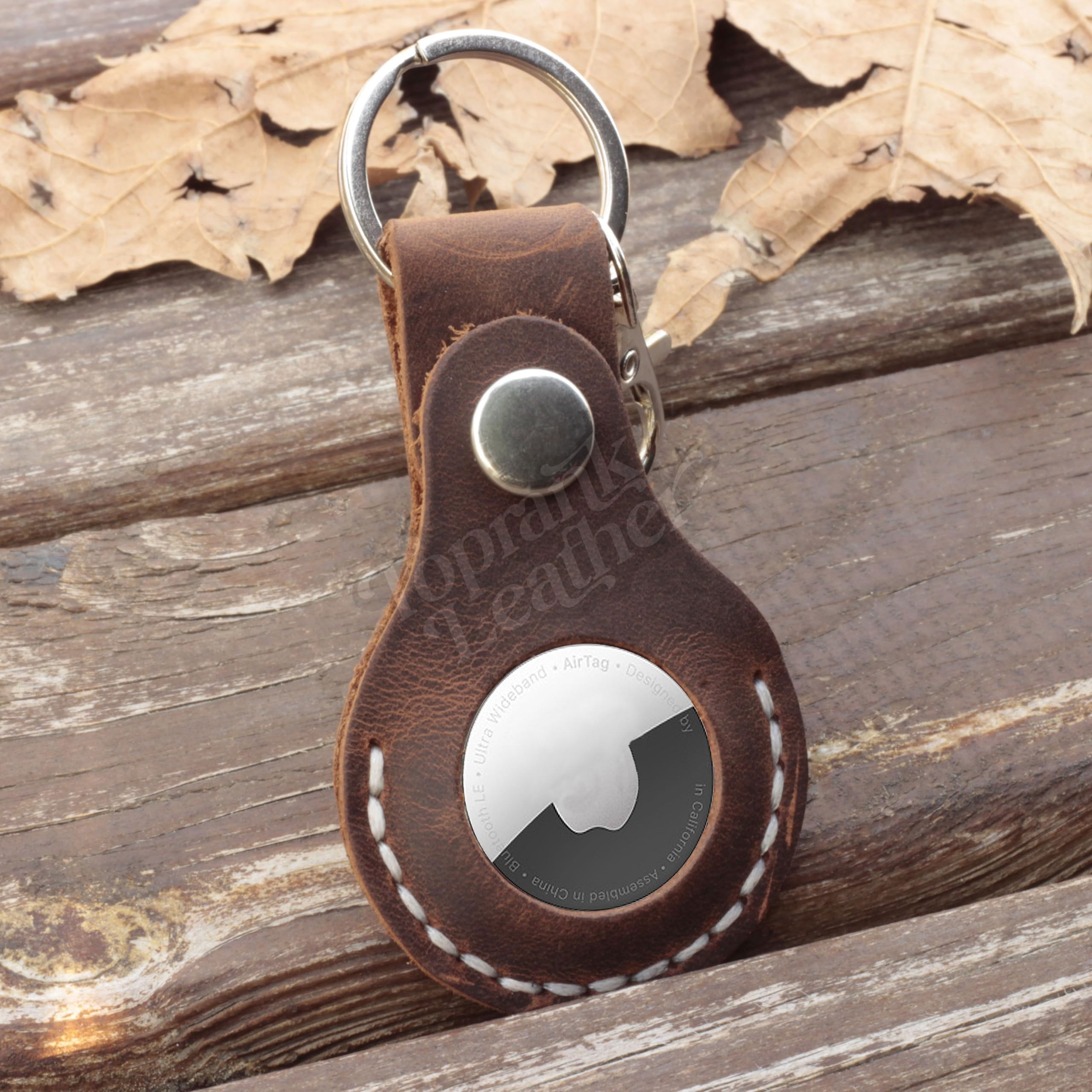 Toprank Leather Keychain Holder Compatible With Apple Airtag - Handmade Genuine Crazy Horse Leather Case (Tan)