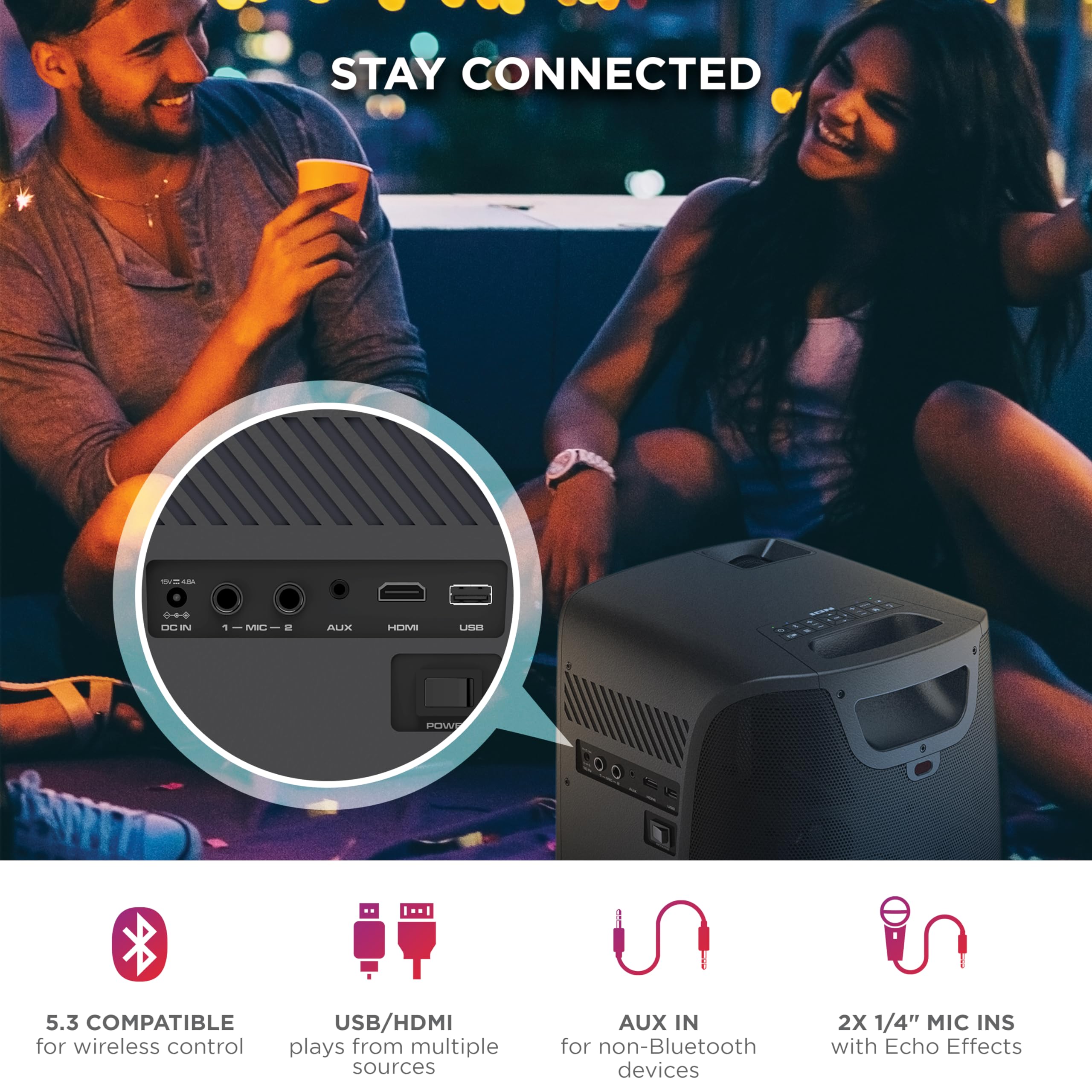 Ion Portable Outdoor Led Projector With 70W Speakers, Bluetooth, Rechargeable Battery, Mic, Usb And Hdmi Connections, 720P Hd