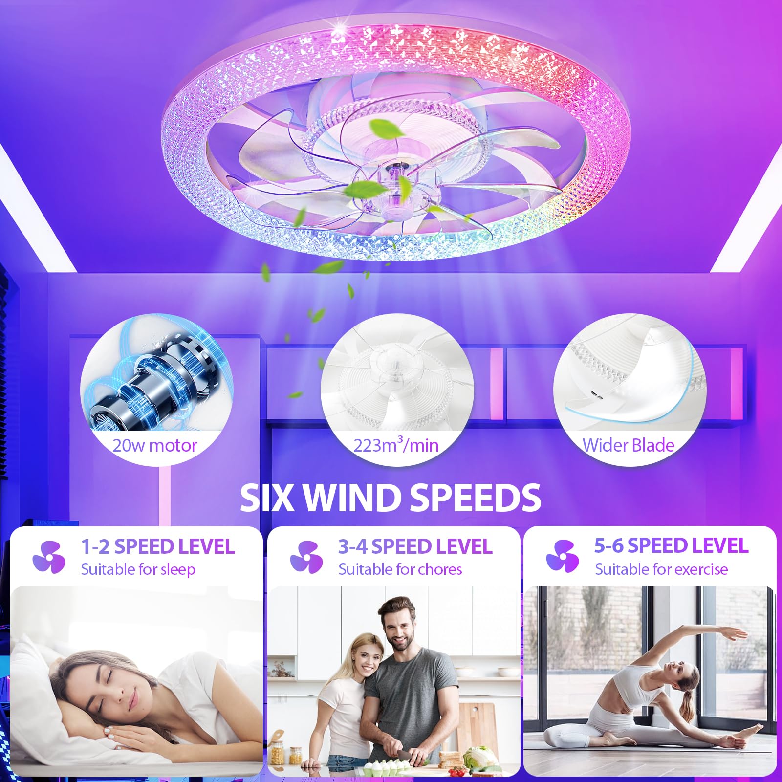 Vookea 2 In 1 Rgb Led 20    Ceiling Fans With Lights And Remote, 3000 6500K Dimmable Flush Mount Low Profile Ceiling Fan With Li