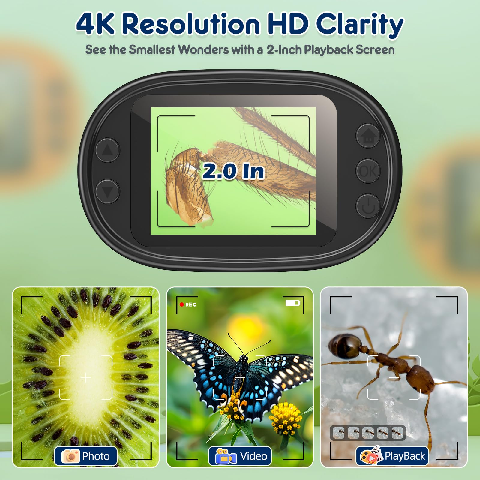 1000X Handheld Microscope For Kids 4K 2.0'' Screen Rechargeable Mini Pocket Digital Microscopes W/Slides Kit Portable Edu Gift A