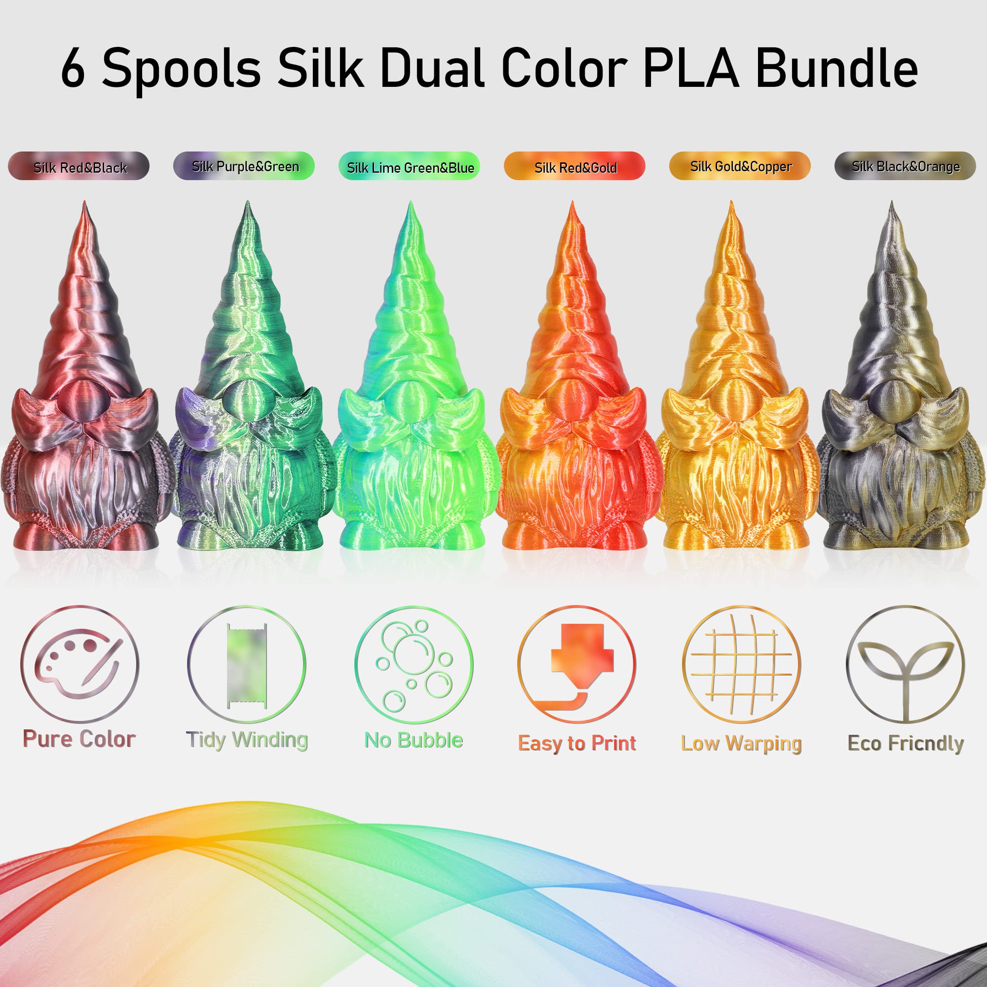 6 Spools Bicolor Dual Color 1.75Mm 3D Printer Filament Bundle, 3D Printing Silk Pla, Silk Black-Purple/Purple-Gold/Black-White/B