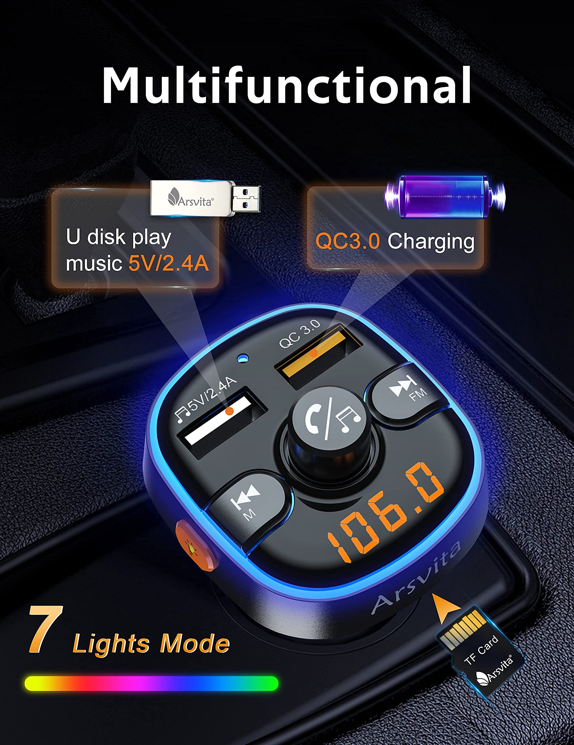 Arsvita Bluetooth Fm Transmitter For Car, Radio Receiver/Audio Adapter With Dual Car Charger, Support Qc3.0 Quick Charging, Hands Free Calling And Hi Fi Sound Playback, Black