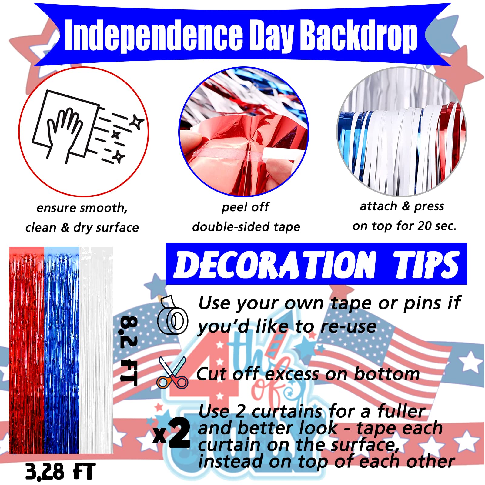 4 Pack 3.2Ft X 8.2Ft Independence Day Fringe Curtain Backdrop, Red Blue White Metallic Tinsel Foil Fringe Streamers Curtains Bac