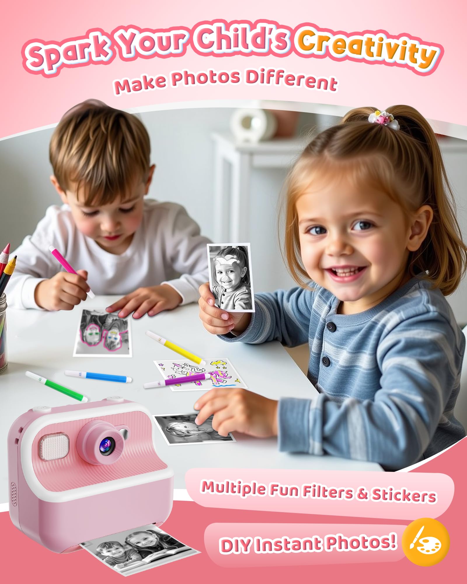 Instant Camera, Front Rear Dual Selfie Kids Camera With 1080P Videos, Holiday Birthday Gifts For Kids Age 3 12, Toddler Portable