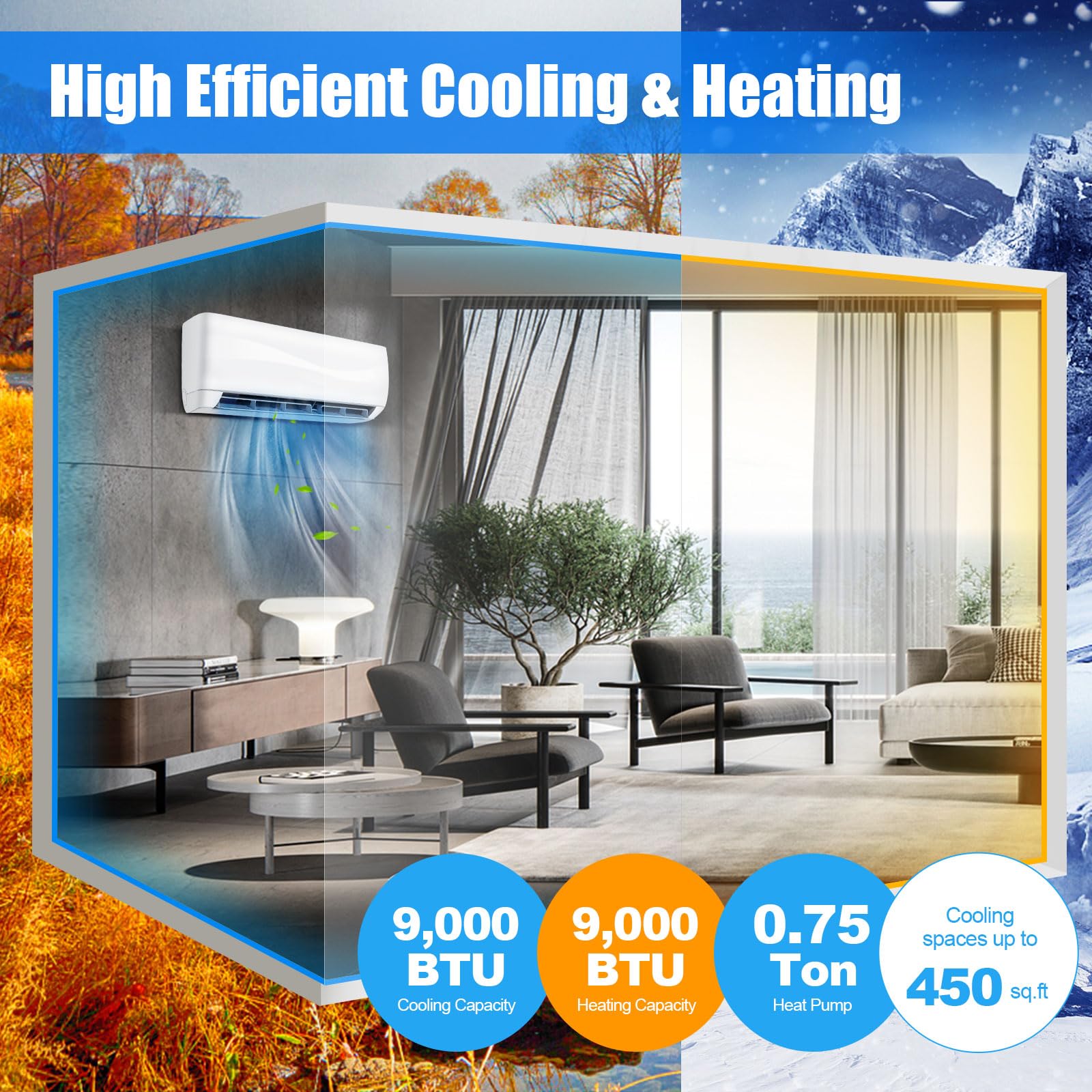 Relax4Life Mini Split Ac/Heating System, 9000 Btu Ductless Mini Split Air Conditioner W/Heat Pump, Remote Control, Cools Up To 4