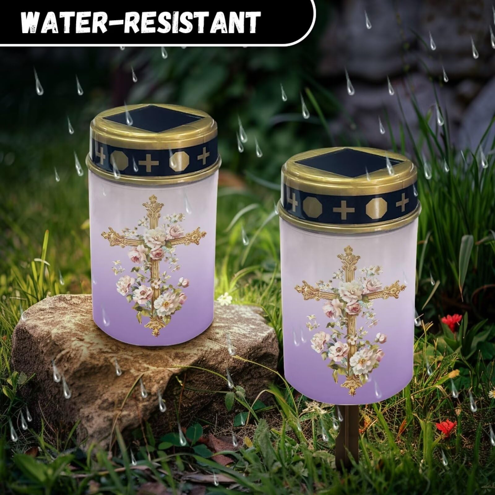 Uorisanigo Cross And Floral Solar Grave Lights For Cemetery Flameless Solar Powered Light For Prayer Waterproof Cemetery Solar L