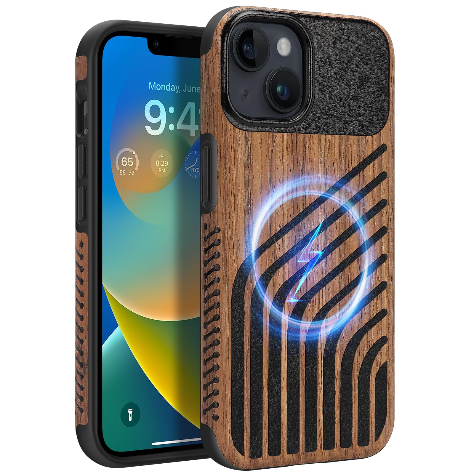 ZZDZZ Magnetic Case Compatible with iPhone 14 Case [Compatible with MagSafe] Wood and Leather Carbon Fiber Design Hybrid Shockpr
