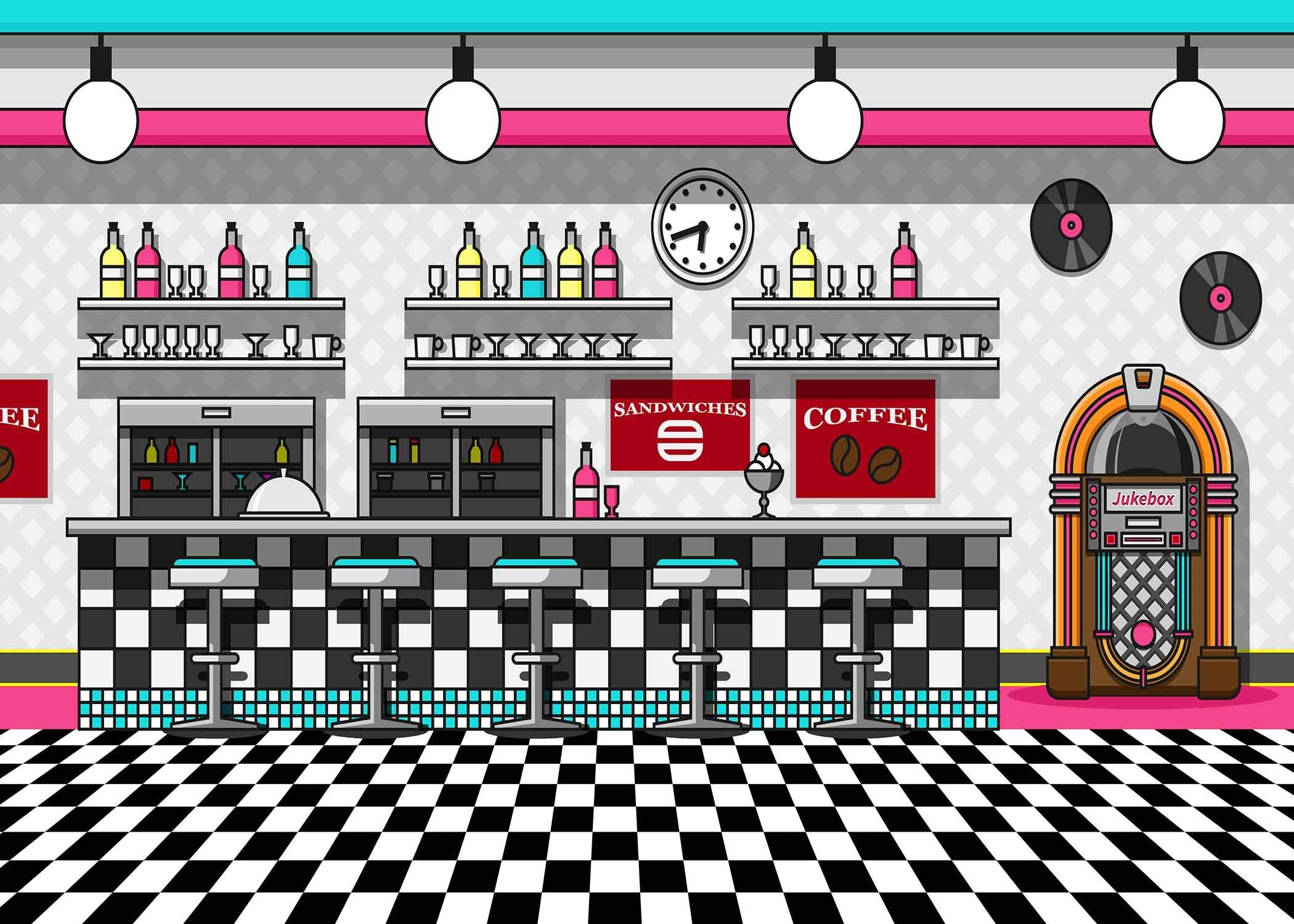 Soda Shop Diner Backdrop For Rock Roll Party 1950S Sock Hop Background Retro Dinner Time Rock Music Classic Birthday Party Decor