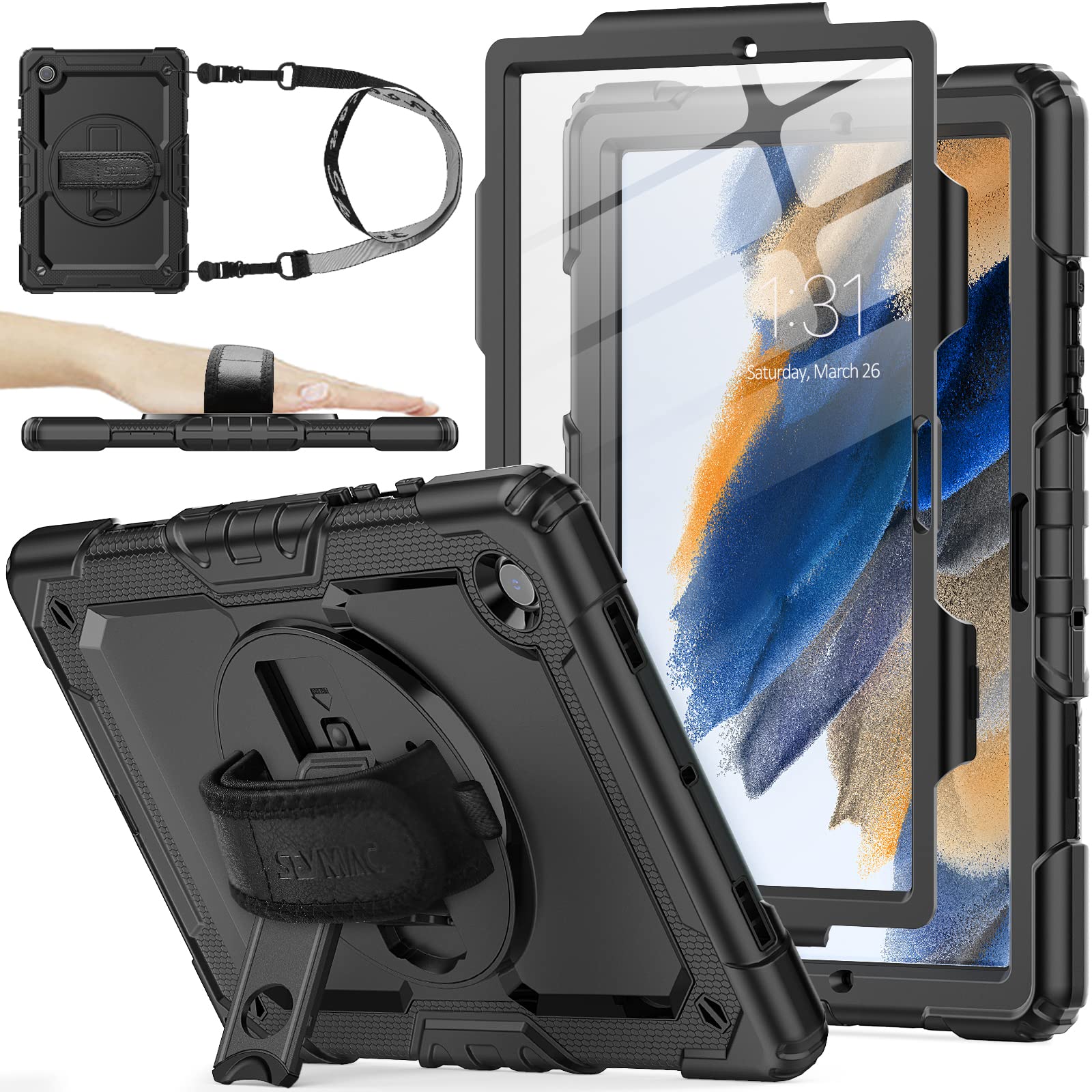 Seymac Stock 360 Hand Strap Shockproof Case For Samsung Galaxy Tab A8 10.5 Inch, Black