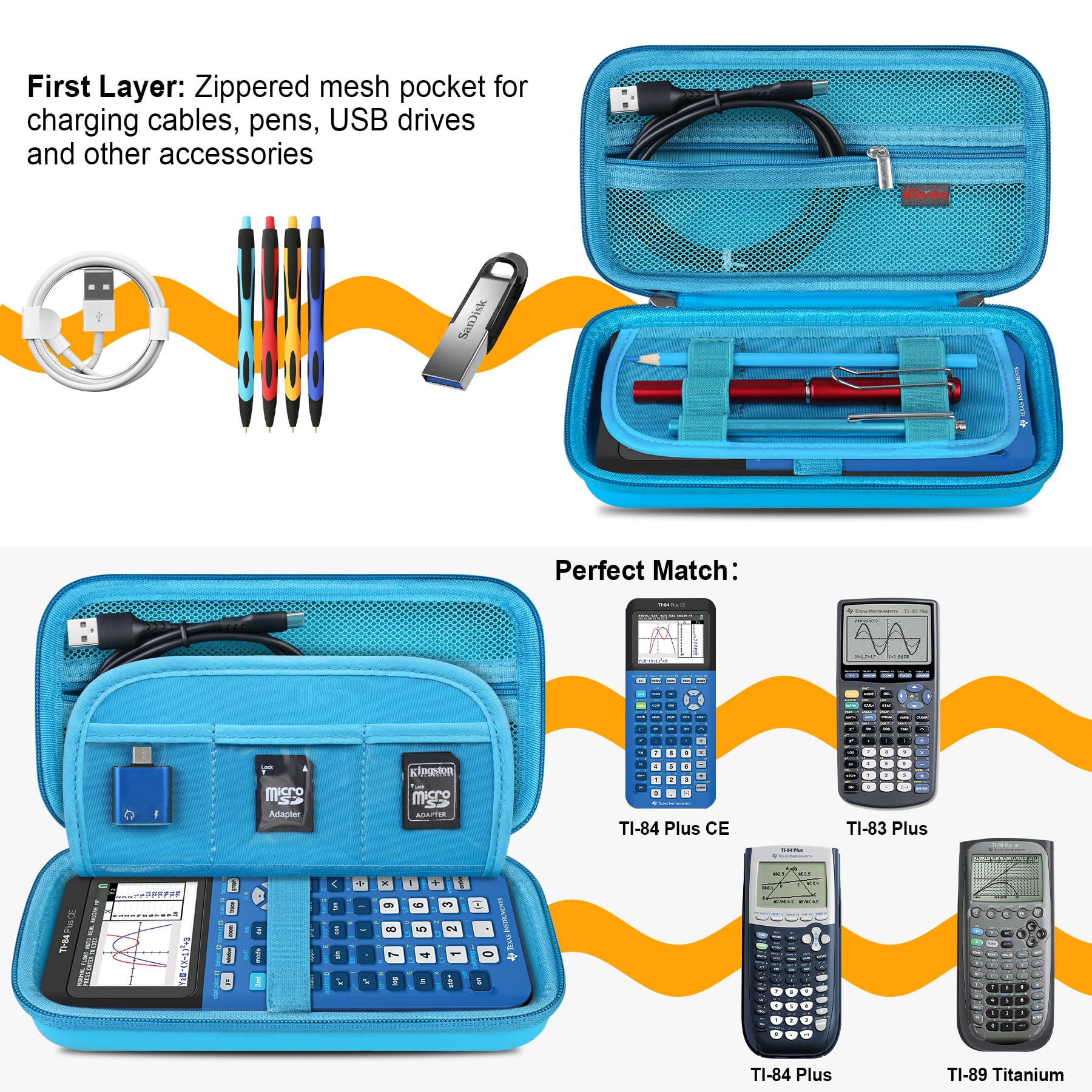 Elonbo Carrying Case For Texas Instruments Ti 84 Plus Ce/Ti 84 Plus/Ti 83 Plus Ce/Casio Fx 9750Gii Color Graphing Calculator, Extra Mesh Pocket Fits Charging Cable, Charger, Manual, Blue