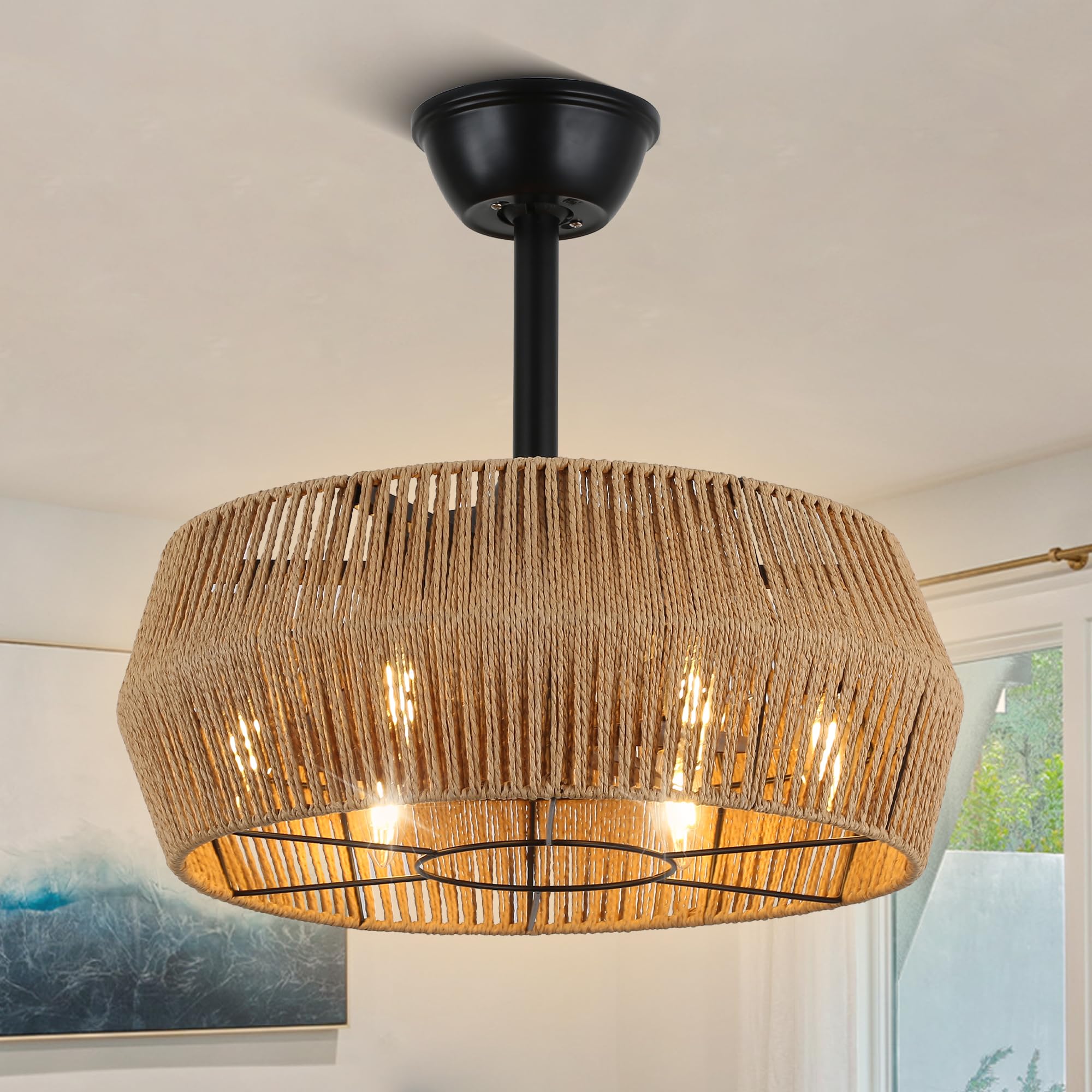 18 Rattan Fandelier Ceiling Fan with Lights, Boho Caged Ceiling Fan with Light and Remote Control, Enclosed 6 Lights for Living 