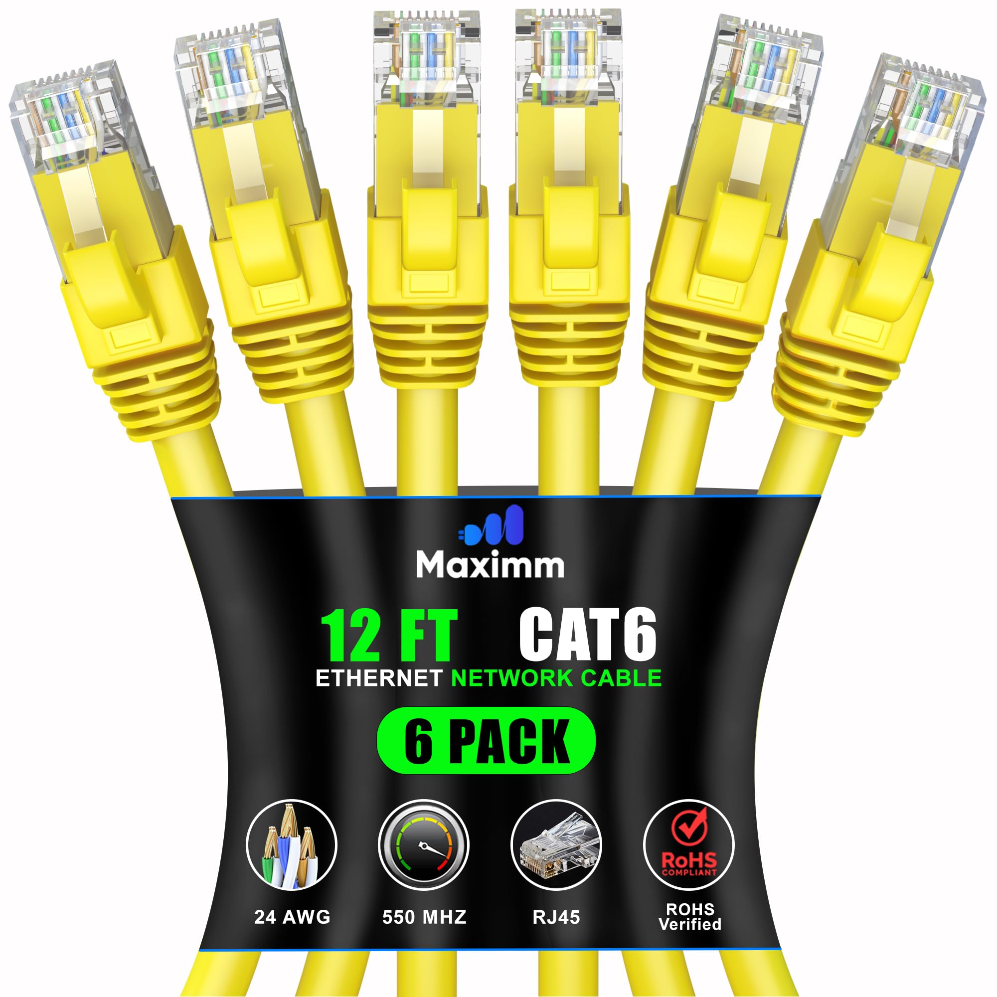 Maximm Cat 6 Ethernet Cable 12 Ft (6 Pack)   High Speed Lan Cable, Internet Cable, Patch Cable, And Network Cable   Utp, 10Gbps, 550Mhz Ethernet Cord   Yellow