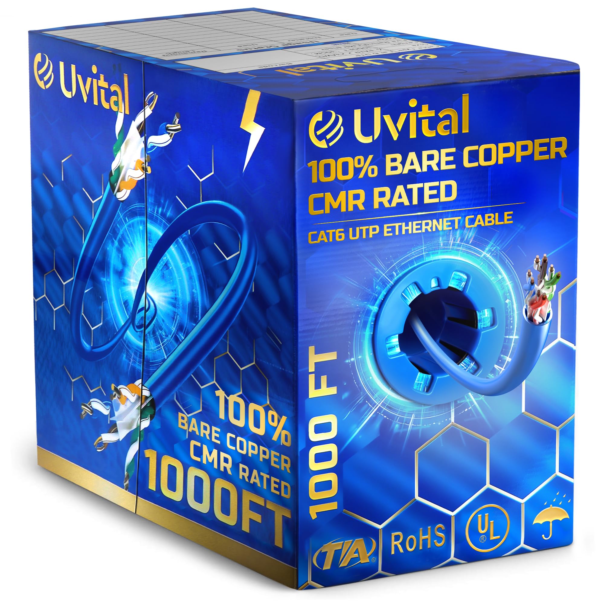 Uvital Cat6 CMR Rated Ethernet Cable 500ft, 23AWG Solid Copper, PoE++
