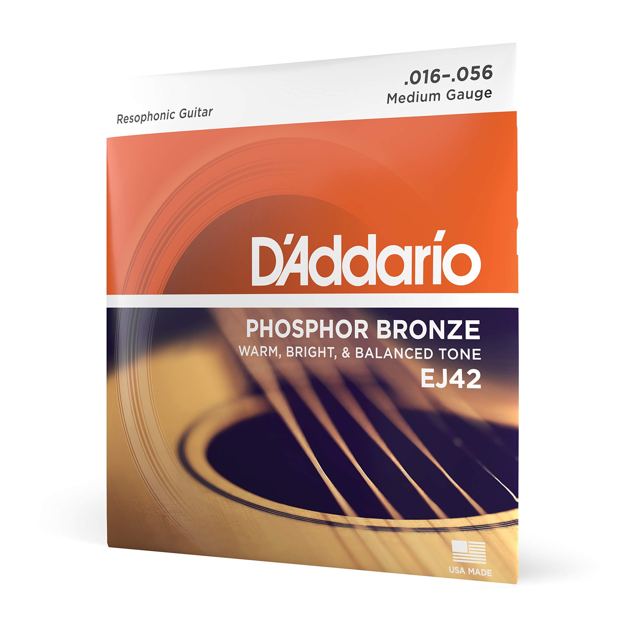 DAddario Acoustic Guitar Strings, Phosphor Bronze, EJ42, Resophonic Medium Gauge 16-56, 6-String Set, Pack of 1