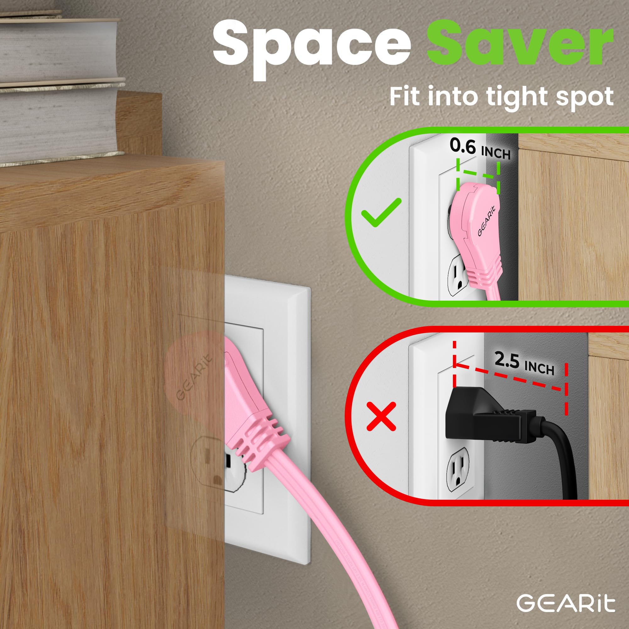 Gearit 360 Rotating Flat Plug Extension Cord With 3 Outlets (20Ft, Pink) 16Awg/13A 3 Prong Wire, Outlet Saver For Home Office Do