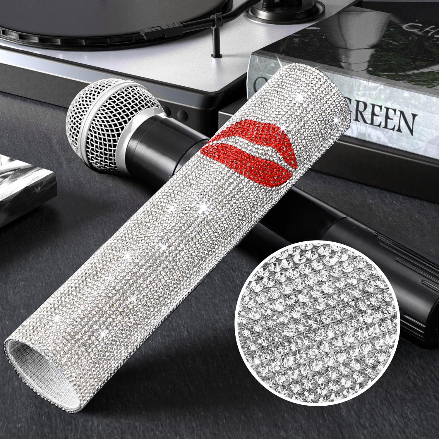 Facmogu Silver Rhinestones Microphone Cover   Red Lips Glitter Decor Sleeve For Universal Mics, Sparkly Bedazzled Cordless Handh