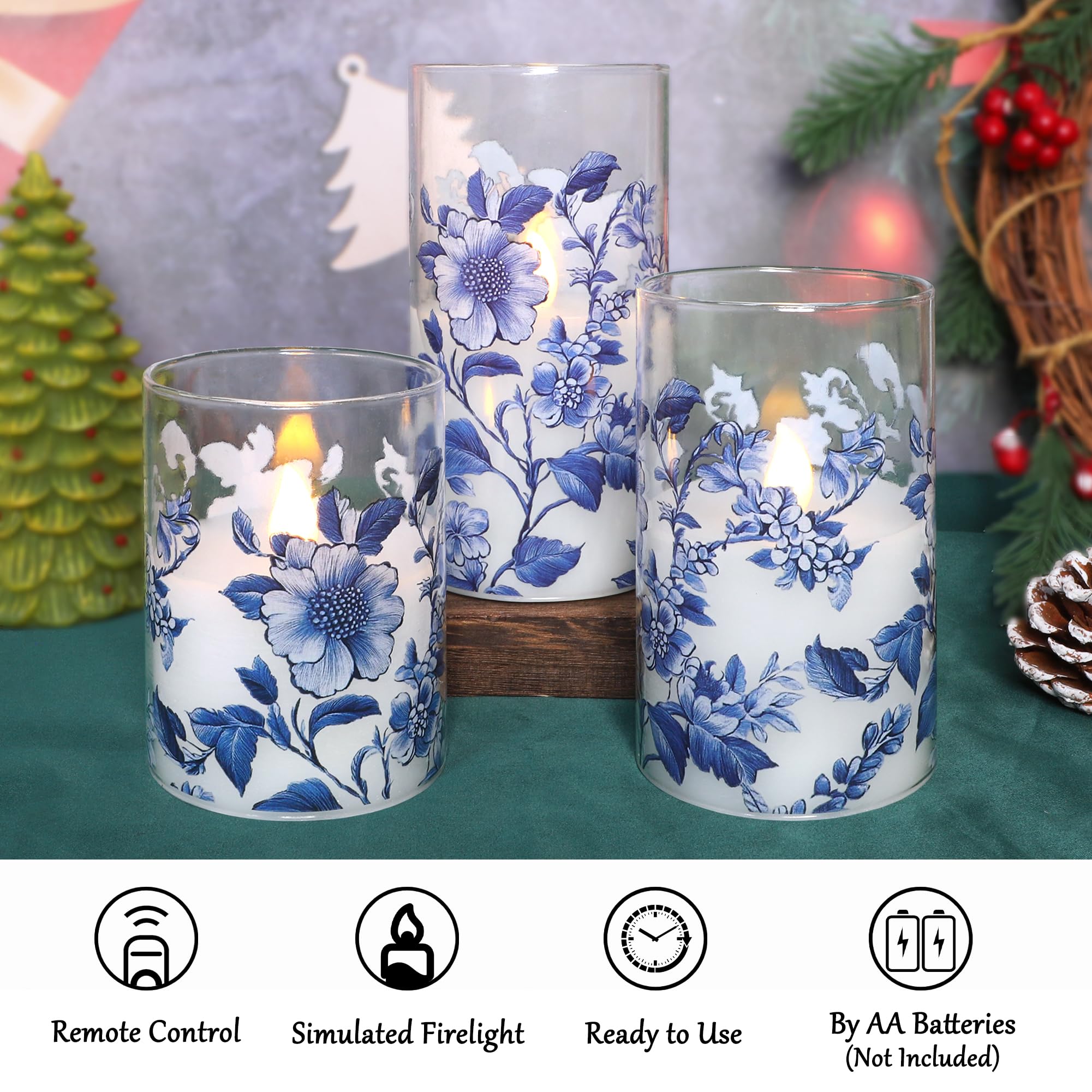 Flameless Candles Glass With Remote Control & Timer Function, Blue And White Porcelain Theme Design, Home Party Wedding Christma