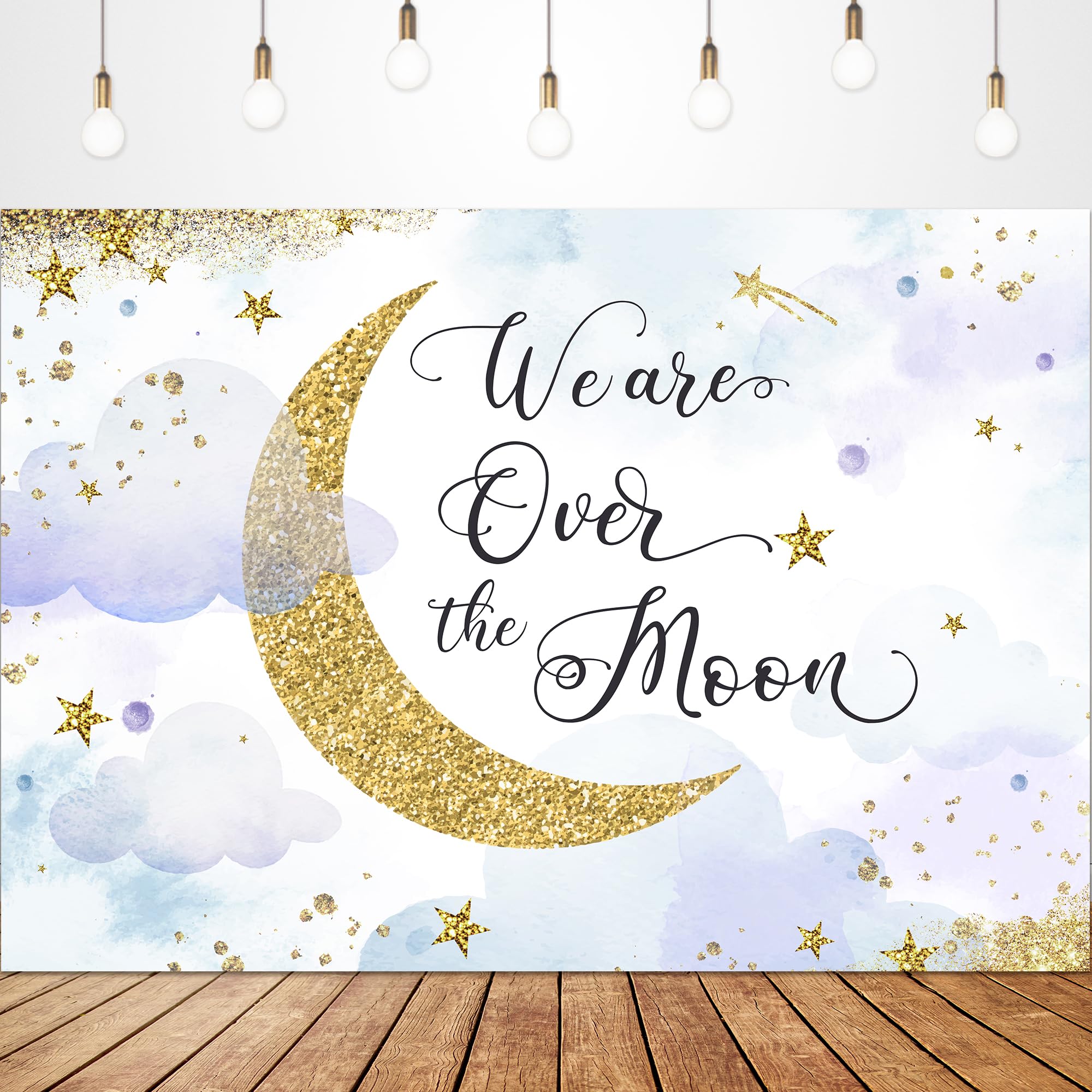 Glawry We Are Over The Moon Baby Shower Backdrop 7Wx5H Feet Boho Watercolor Cute Purple Blue Stars Clouds Gold Dots Celestial Pa