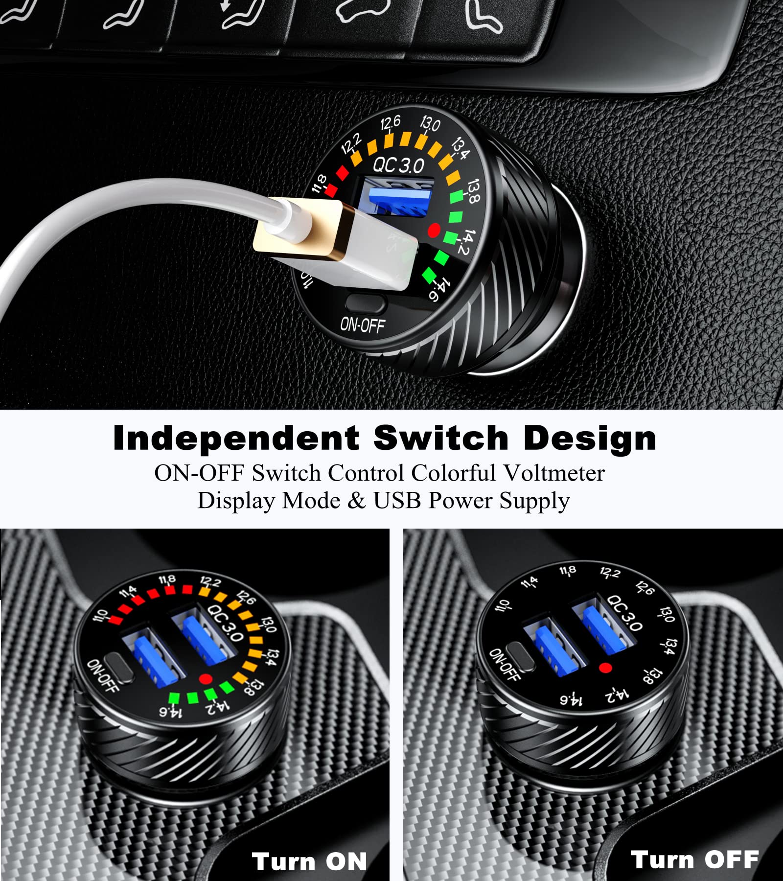 Barcovan Usb Car Phone Charger Adapter, Dual Qc3.0 Port, 36W 3A Fast Charge With Colorful Voltmeter & On/Off Switch