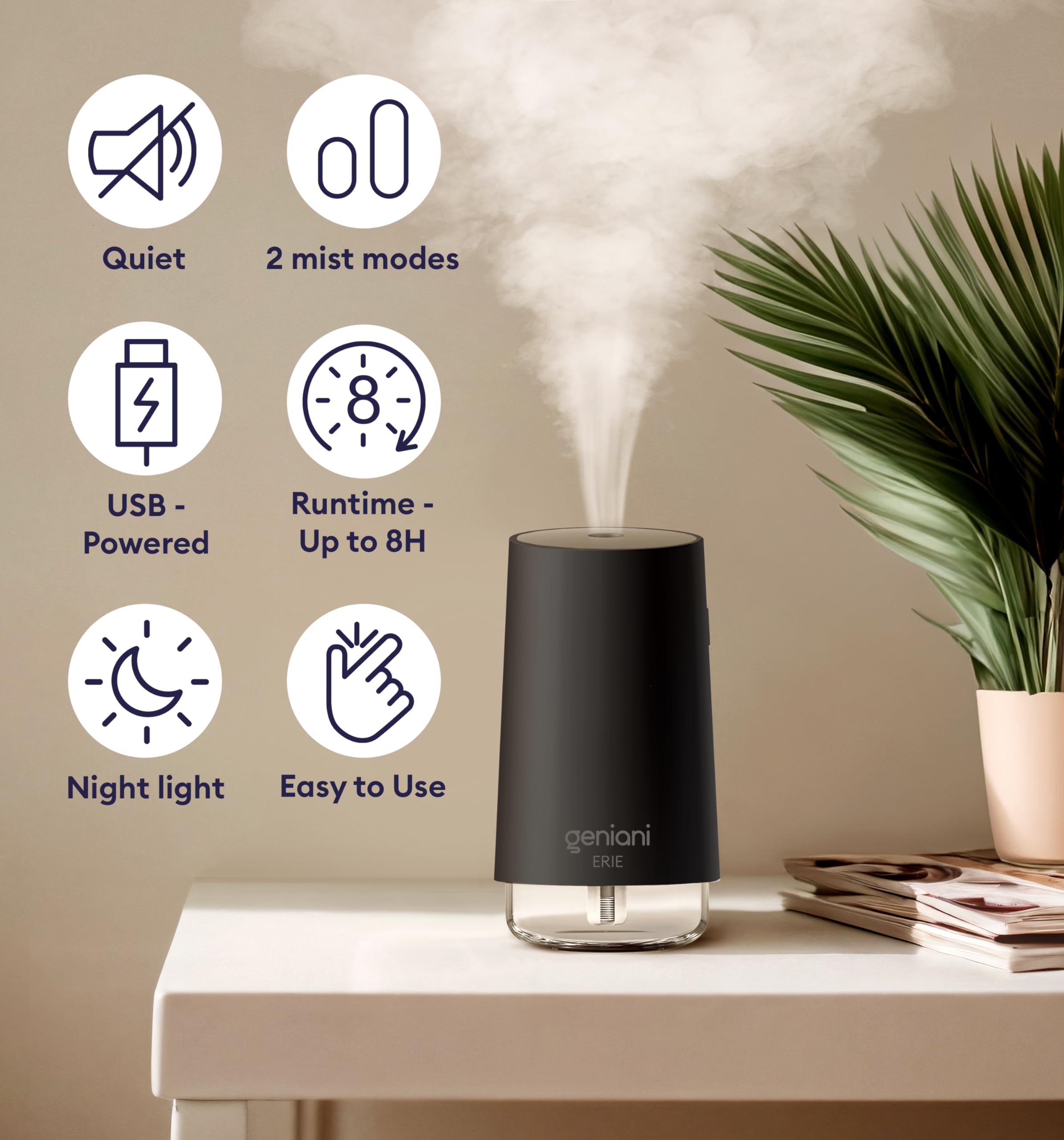 Geniani Portable Small Cool Mist Humidifiers   Usb Desktop Humidifier For Plants, Office, Car, Baby Room With Auto Shut Off & Ni