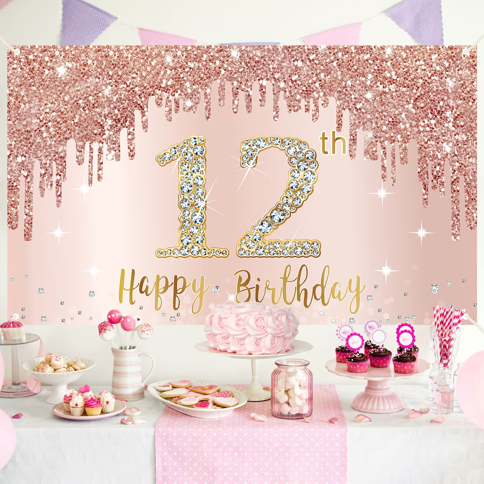 12Th Birthday Banner Decorations For Girls, Rose Gold Happy 12 Birthday Backdrop Party Supplies, Pink 12 Year Old Birthday Sign
