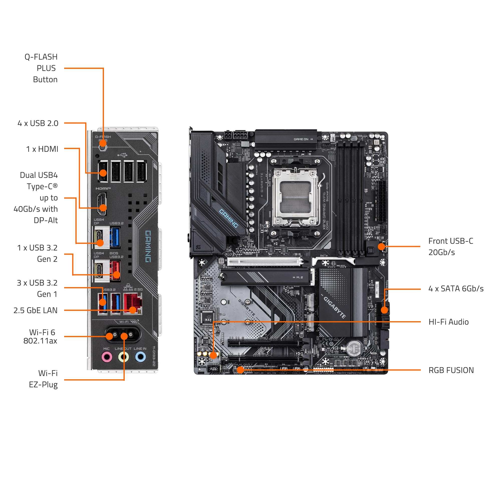 Gigabyte X870 Gaming Wifi6 Amd Am5 Lga 1718 Motherboard, Atx, Ddr5, 3X M.2, Pcie 5.0, Usb4, Wifi 6, 2.5Gbe Lan, Ez Latch, 5 Year