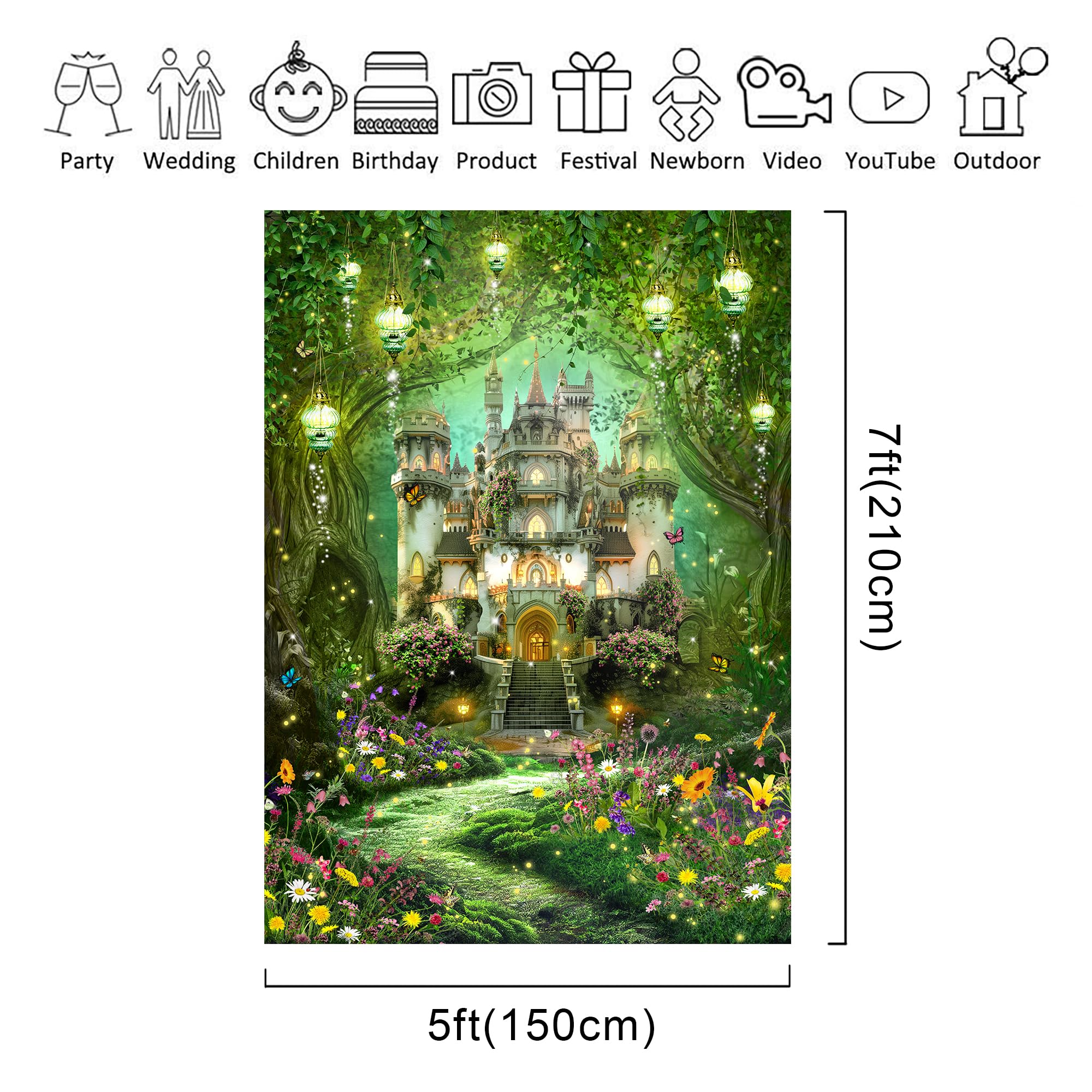 Riyidecor Enchanted Fairy Castle Backdrop Polyester Fabric Greenery Woodland Tale Wonderland Garden 5Wx7H Feet Wildflower Floral