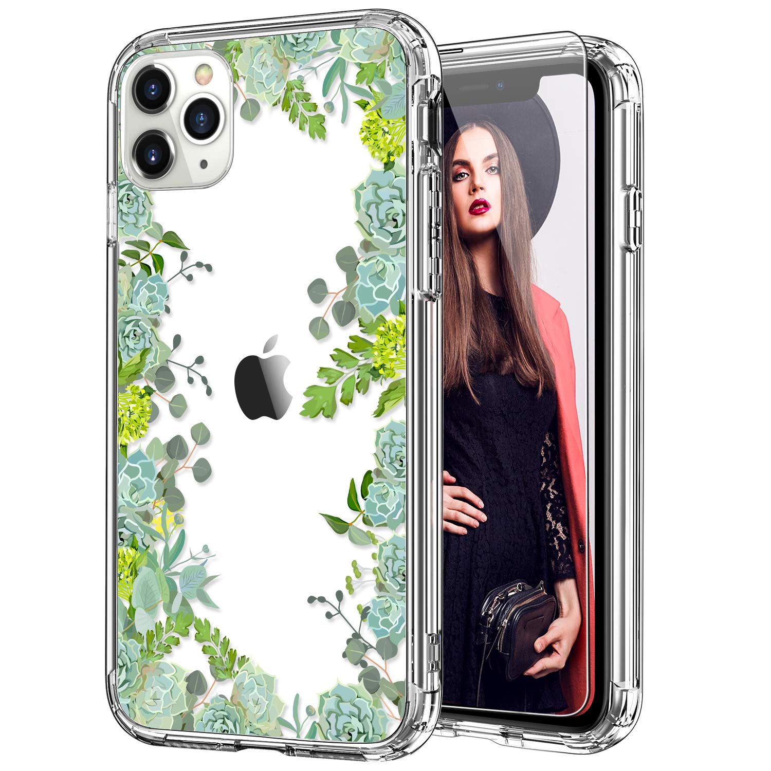 Icedio Iphone 11 Pro Case With Screen Protector,Clear With Floral Patterns For Girls Women,Shockproof Slim Fit Tpu Cover Protect