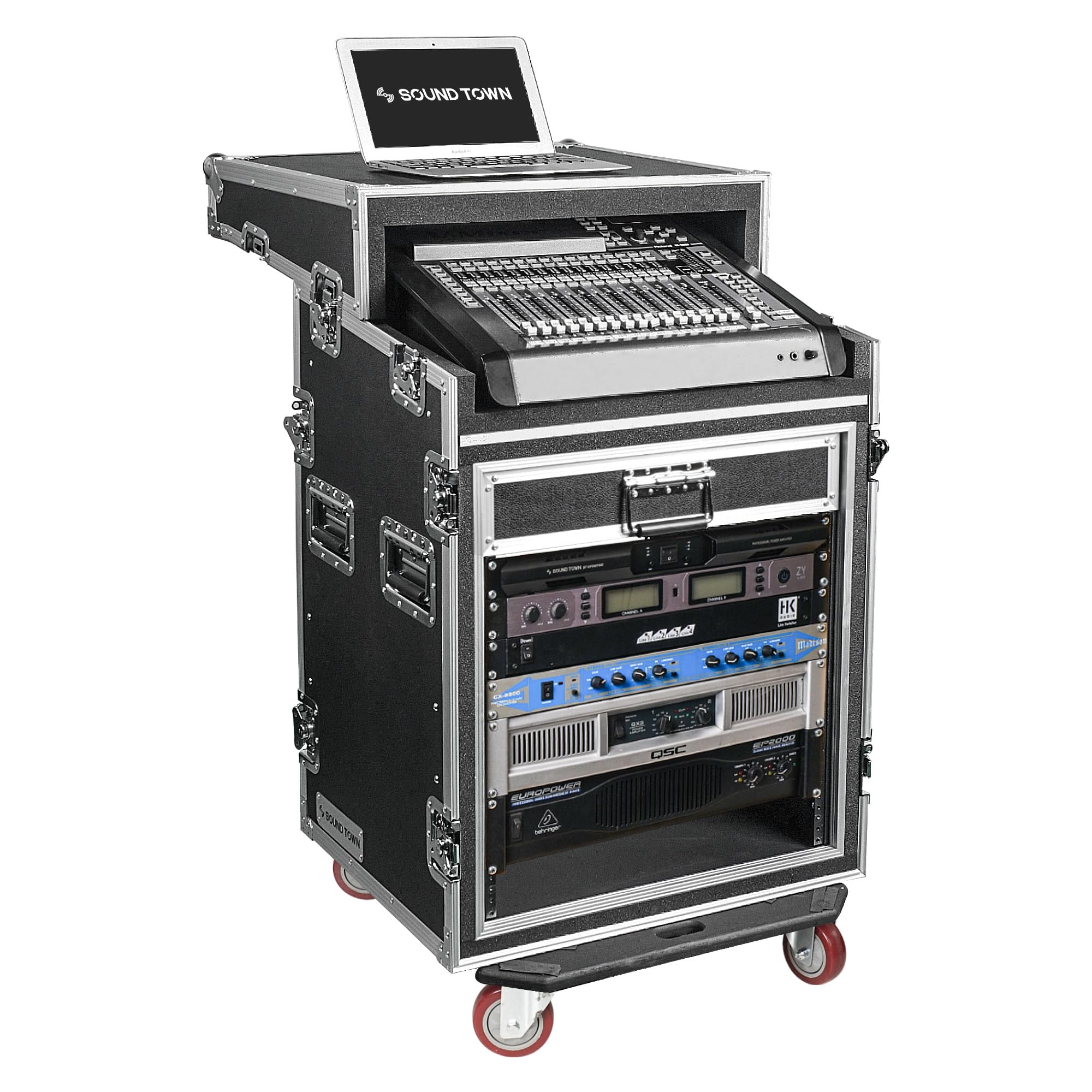 Sound Town Shock Mount 12U Ata Rack Case With 20    Rackable Depth, 11U Slant Mixer Top And Casters, 12 Space Size   Pro Tour Gr