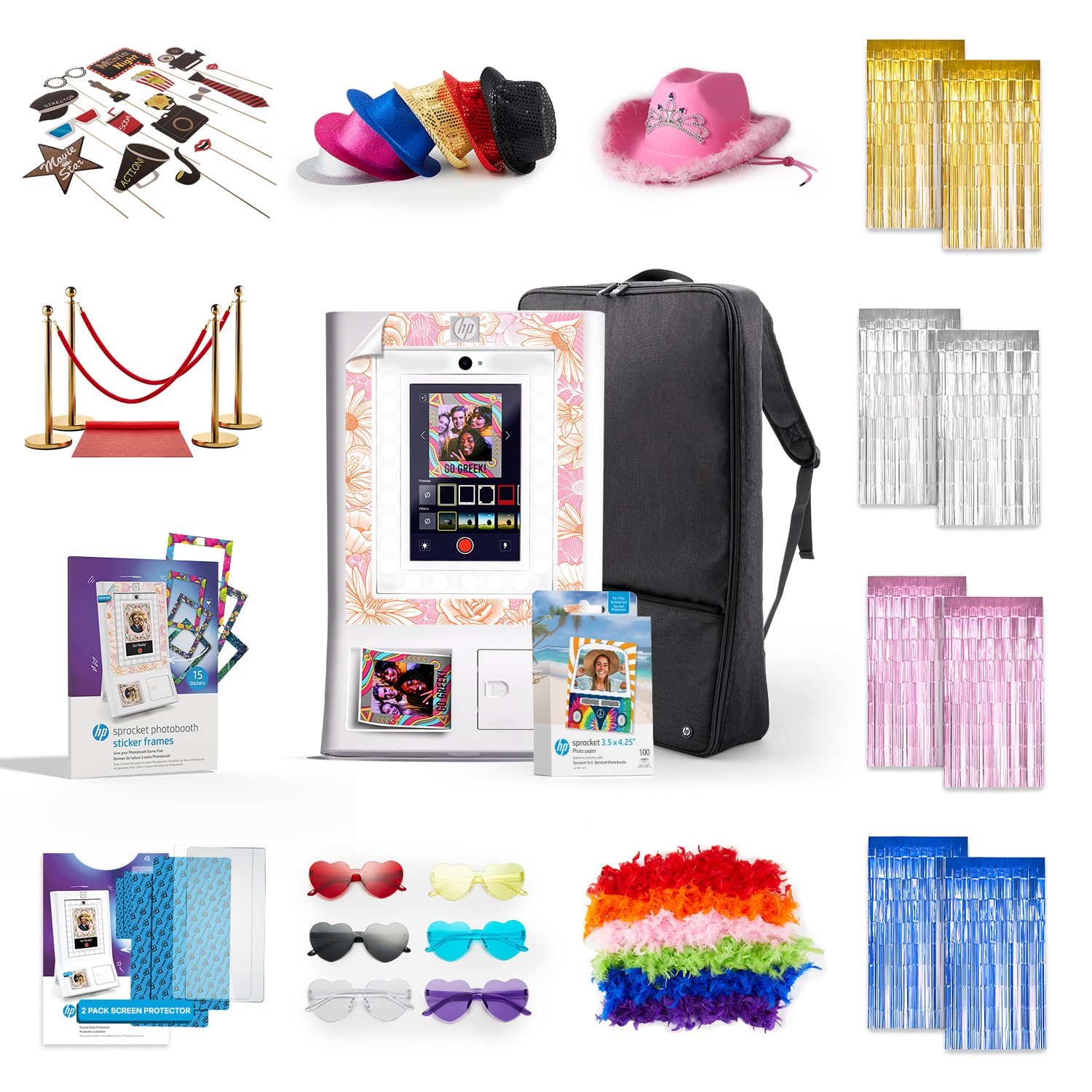 HP Sprocket Photo Booth Machine Instant Color Photo Printer -White + Paper(x100)+ Red Carpet Bundle + Case + Stickers + Screen P