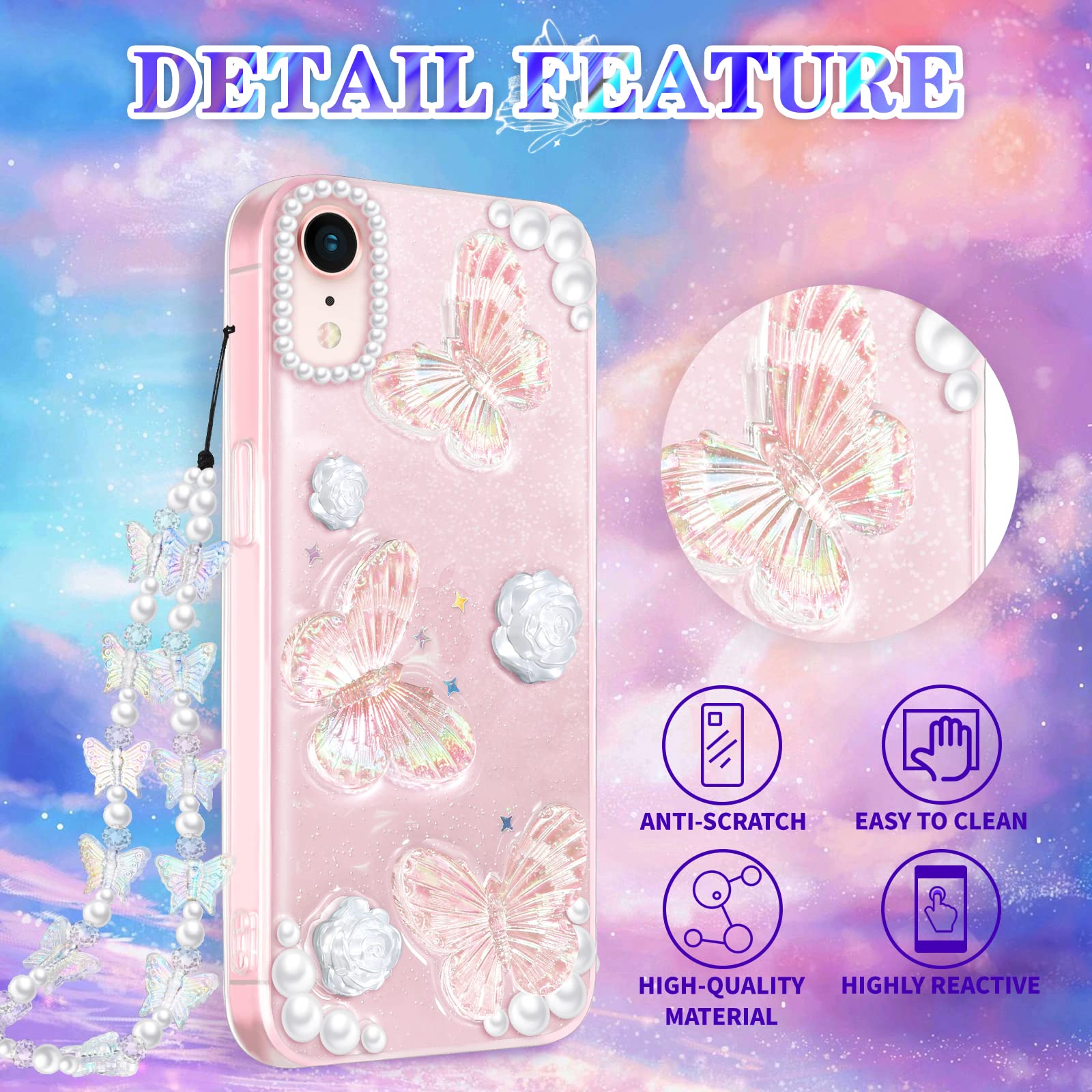 Goocrux (3In1 Case For Apple Iphone Xr Butterfly Glitter Handmade Sequin Sparkle Pretty For Women Girls Clear Design Crystal Pea