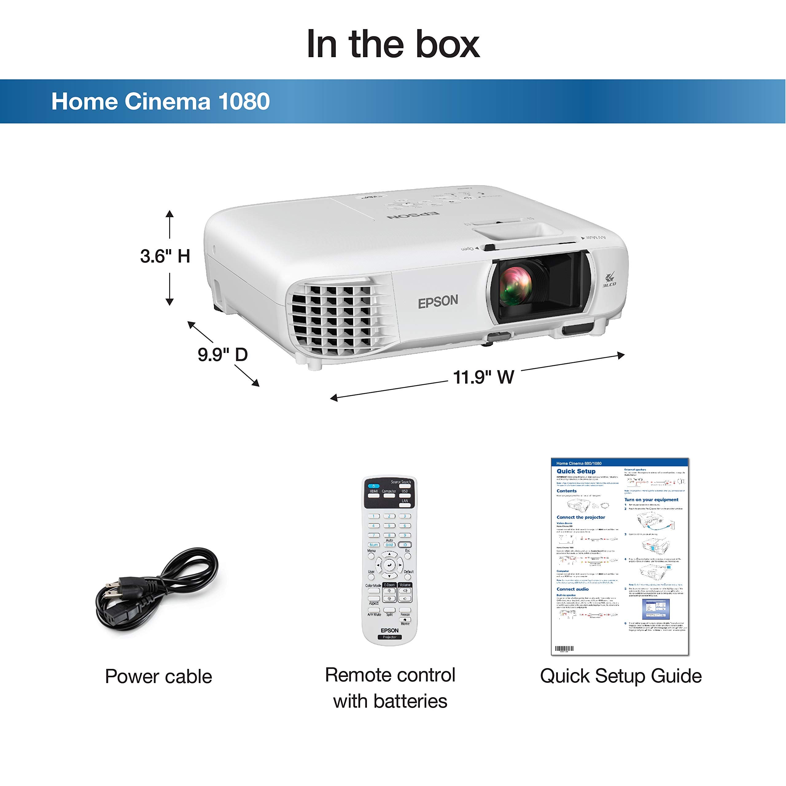 Epson Home Cinema 1080 3 Chip 3Lcd 1080P Projector, 3400 Lumens Color & White Brightness, Streaming/Gaming/Home Theater, Built In Speaker, Auto Picture Skew, 16,000:1 Contrast, Dual Hdmi White, Medium