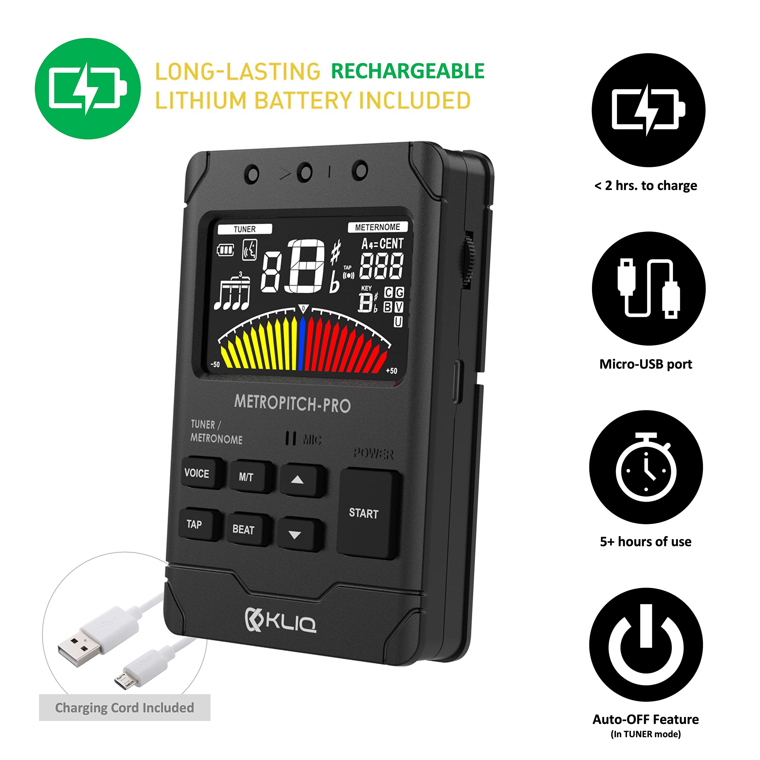 Kliq Metropitch Pro   Rechargeable Metronome Tuner For All Instruments   With Guitar, Bass, Violin, Ukulele, And Chromatic Tunin