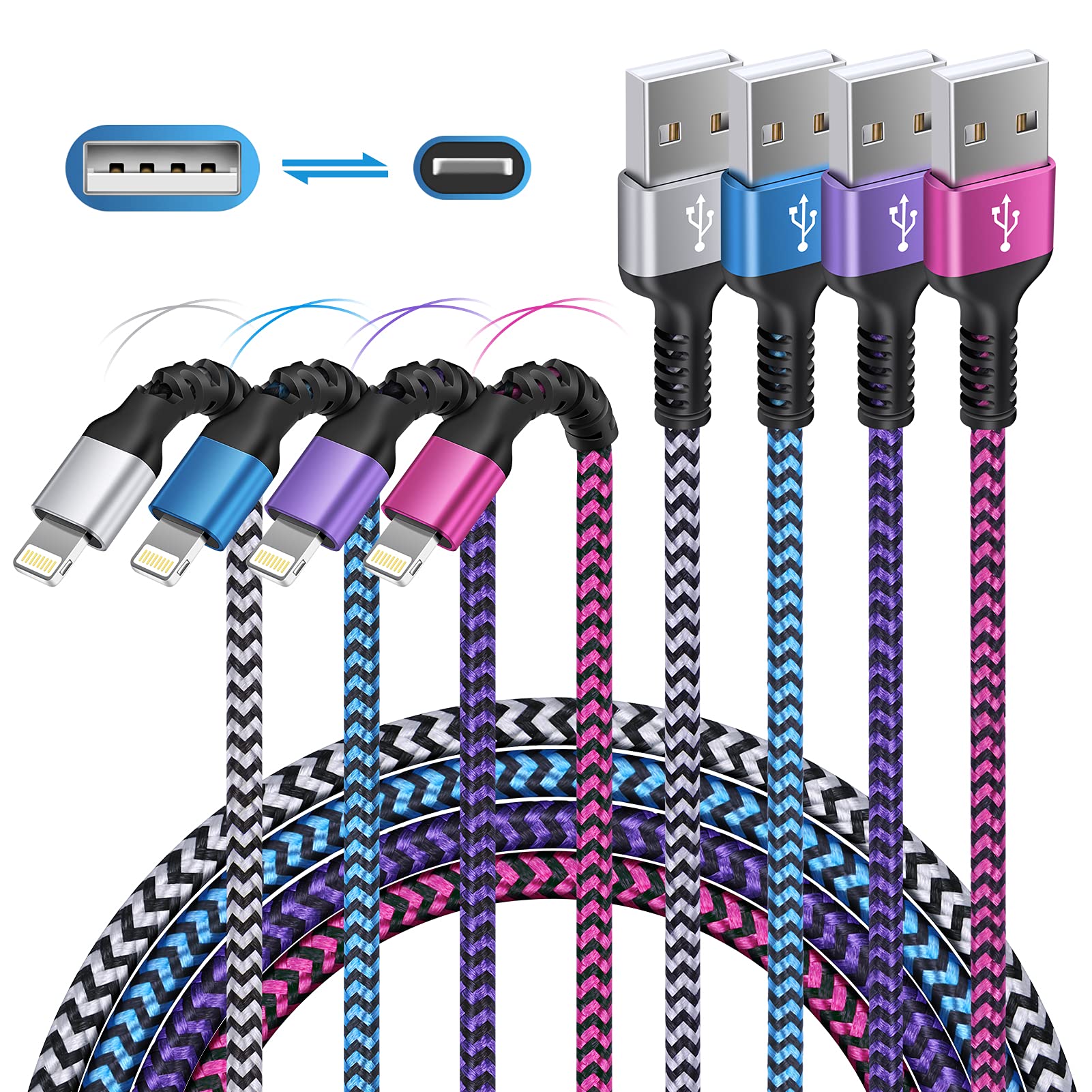 Iphone Charger 4Pack/3 6Ft, Long Braided Lightning Cables, Fast Charging Power Charger Cords For Iphone 14 13 12 Pro Max/11Pro M