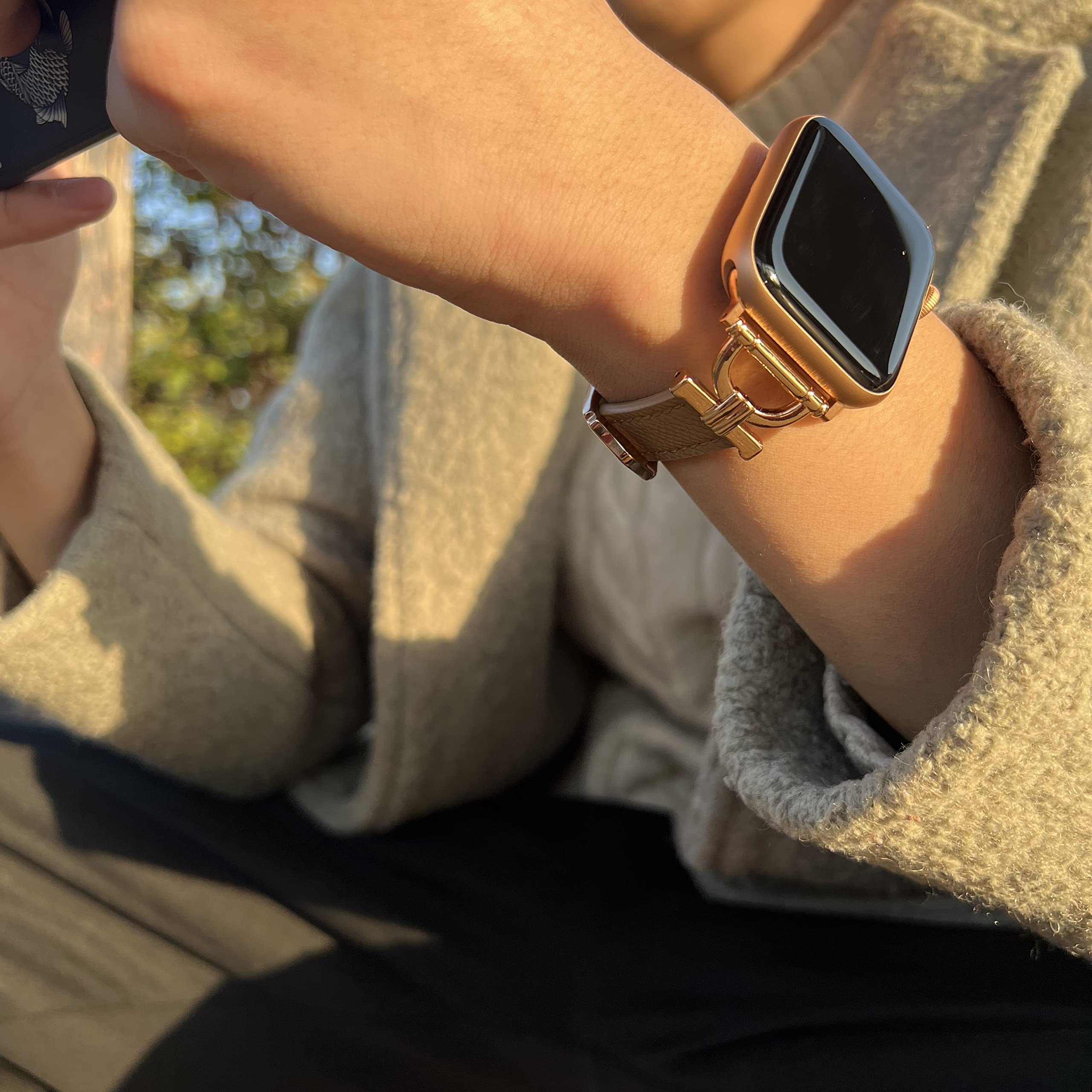 Osber Genuine Leather Band Compatible With Apple Watch Women 38Mm 40Mm 41Mm, Classic Slim Leather Strap With D Shape Rose Gold M