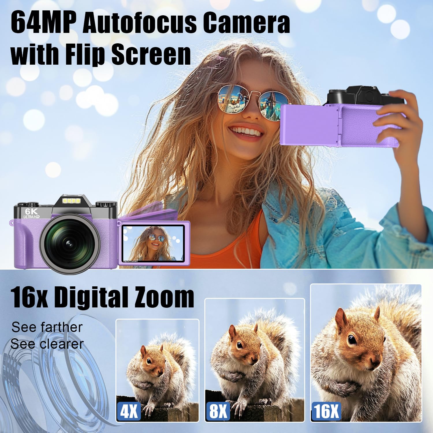 6K Digital Camera For Photography, 64Mp Vlogging Camera For Youtube With 3  180 Flip Screen, 16X Zoom Autofocus Compact Travel B