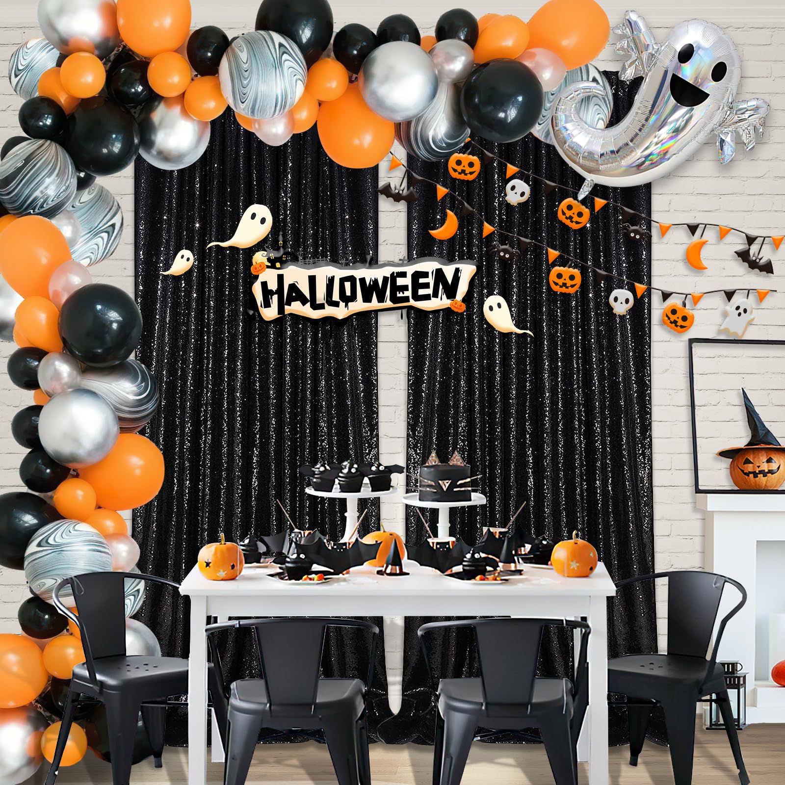Black Sequin Backdrop 4 Panels 2Ftx8Ft Halloween Backdrop Curtains Party Backdrop Wedding Baby Shower Decoration