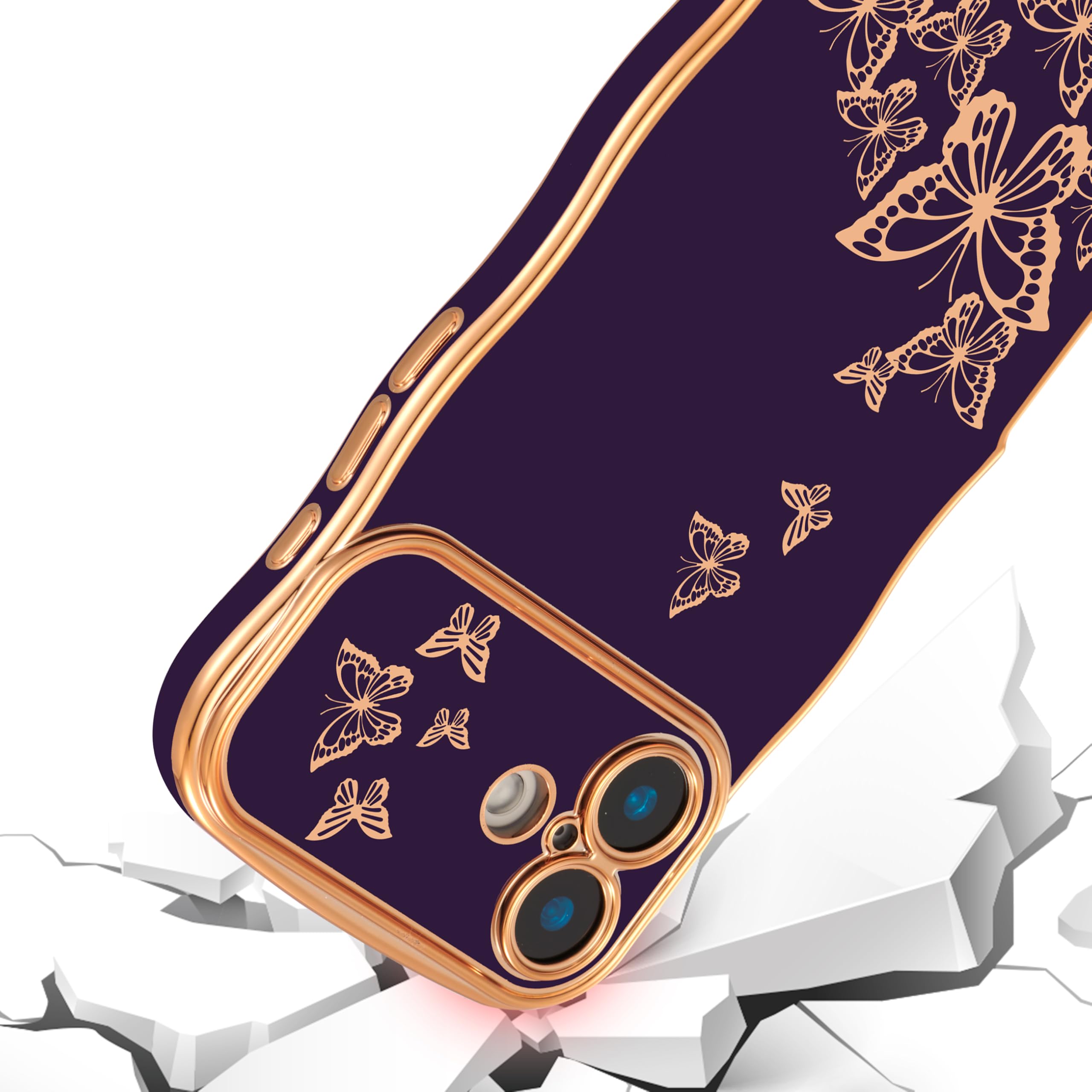 Ztofera For Iphone 16 Case For Girl Women, Cute Curly Wave Frame With Luxury Plating Butterfly Pattern, Soft Tpu Gold Edge Shock