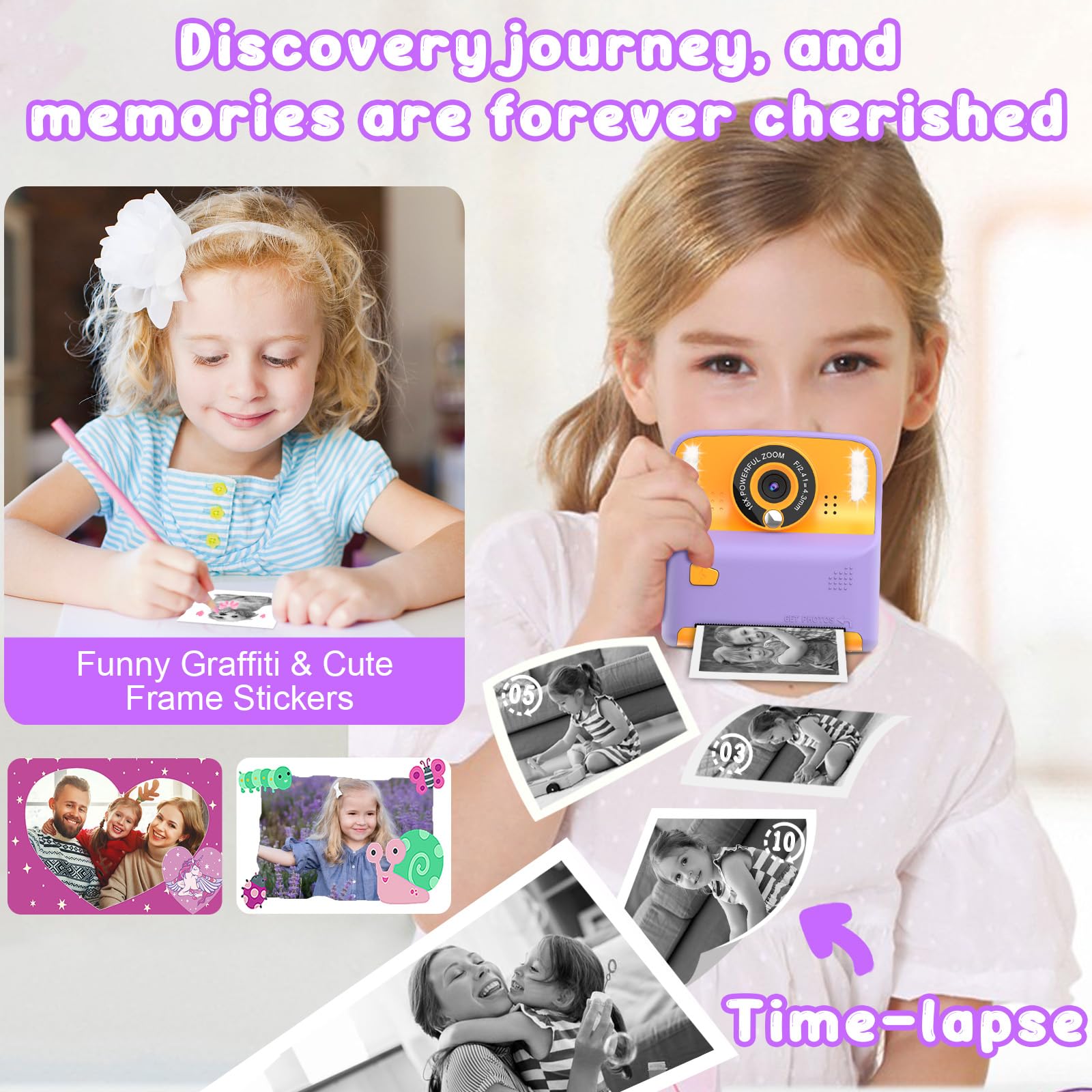 Instant Print Camera For Kids, Christmas Birthday Gift For 3 12 Year Old Girls Boys, Children Digital Camera Print Black And Whi