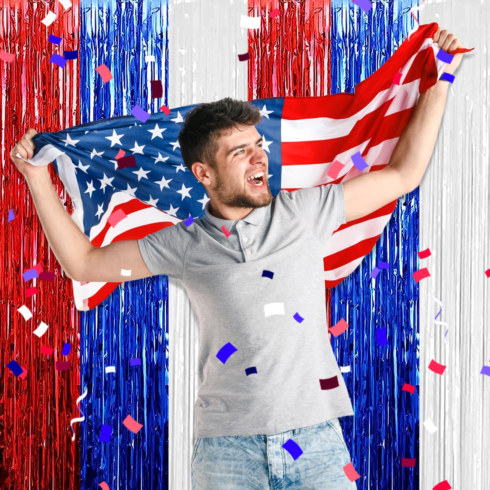 3 Pack White Blue Red Foil Fringe Curtain Backdrop, 3.28Ft X 9.8Ft Metallic Tinsel Foil Fringe Streamer Curtains For Photo Booth